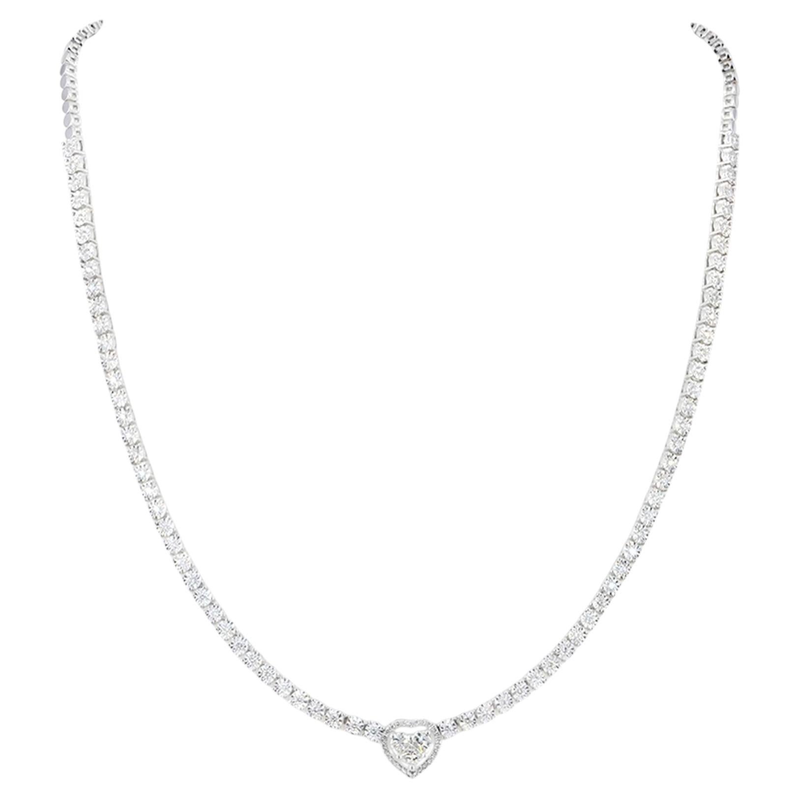 14K Gold Heart-Center Diamond Tennis Necklace 1.62 Carat Bridal Jewelry