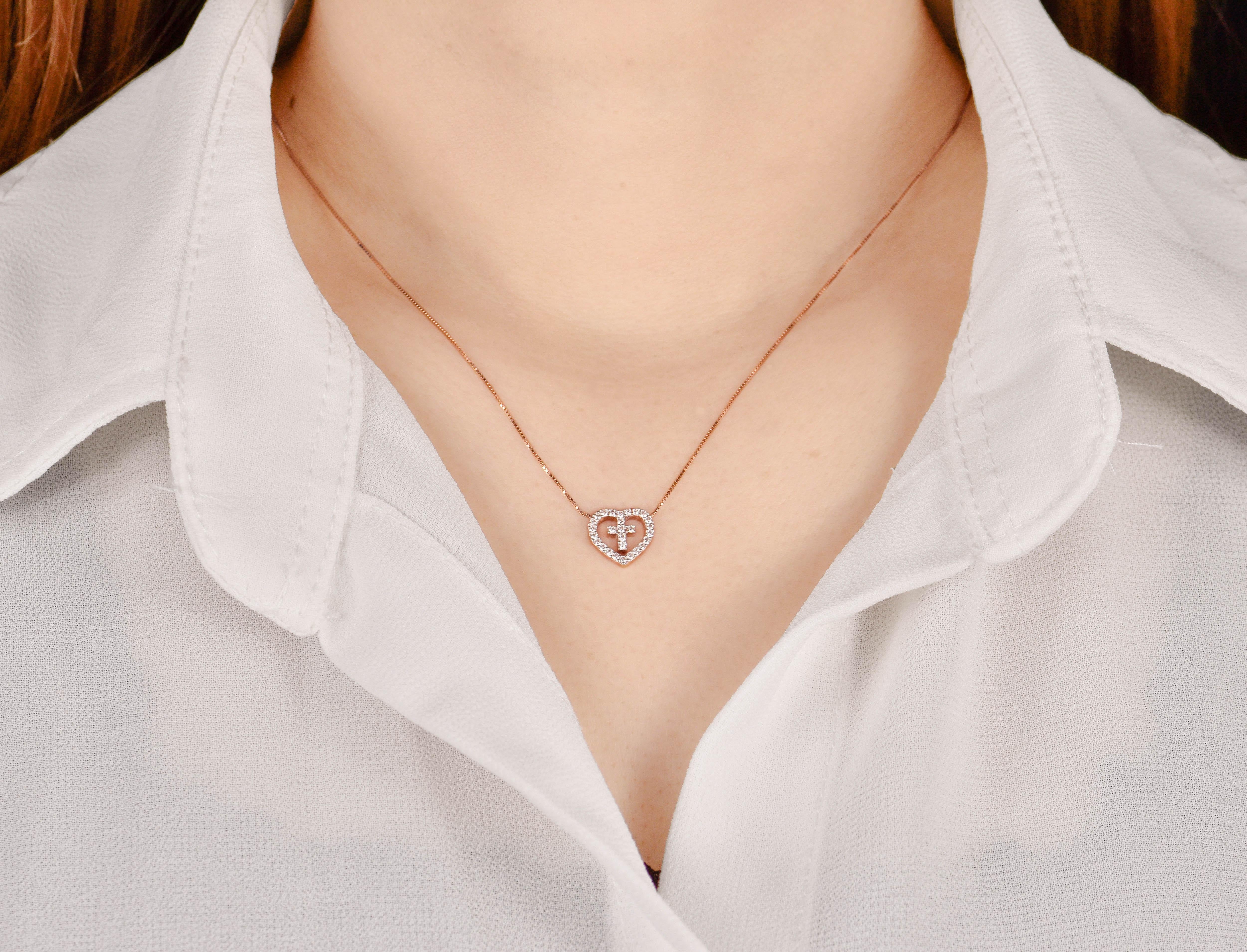 14k Gold Heart Cross Diamond Necklace Valentine Jewelry For Sale 3