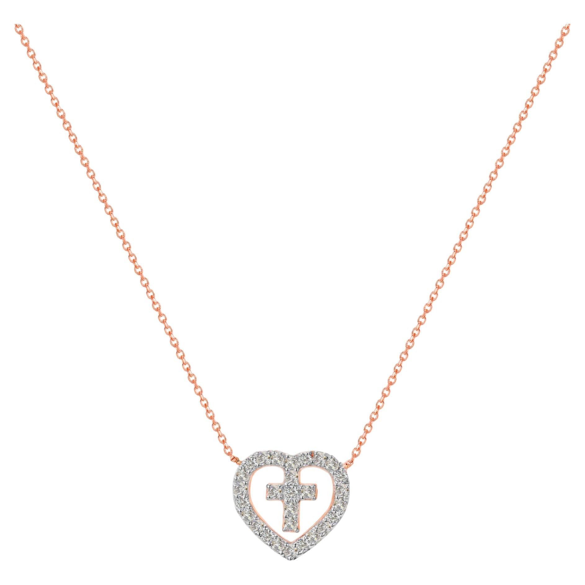14k Gold Heart Cross Diamond Necklace Valentine Jewelry For Sale
