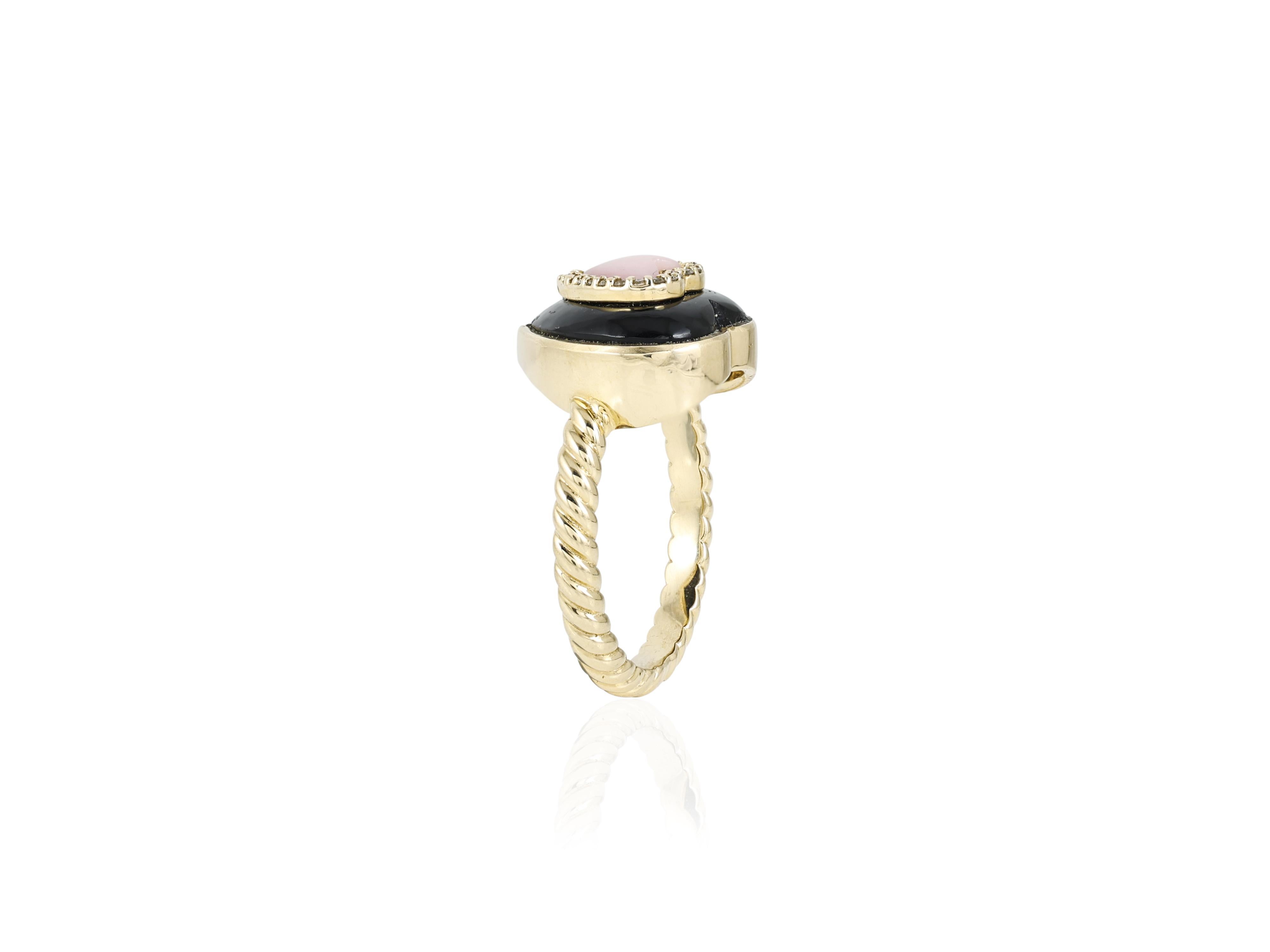 Cabochon 14K gold heart diamond ring with black onyx and pink opal For Sale