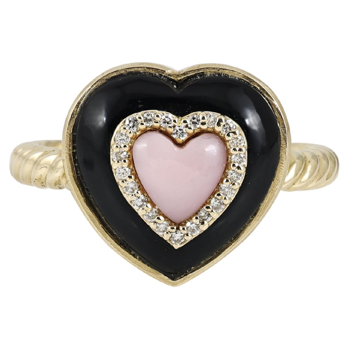 14K gold heart diamond ring with black onyx and pink opal For Sale