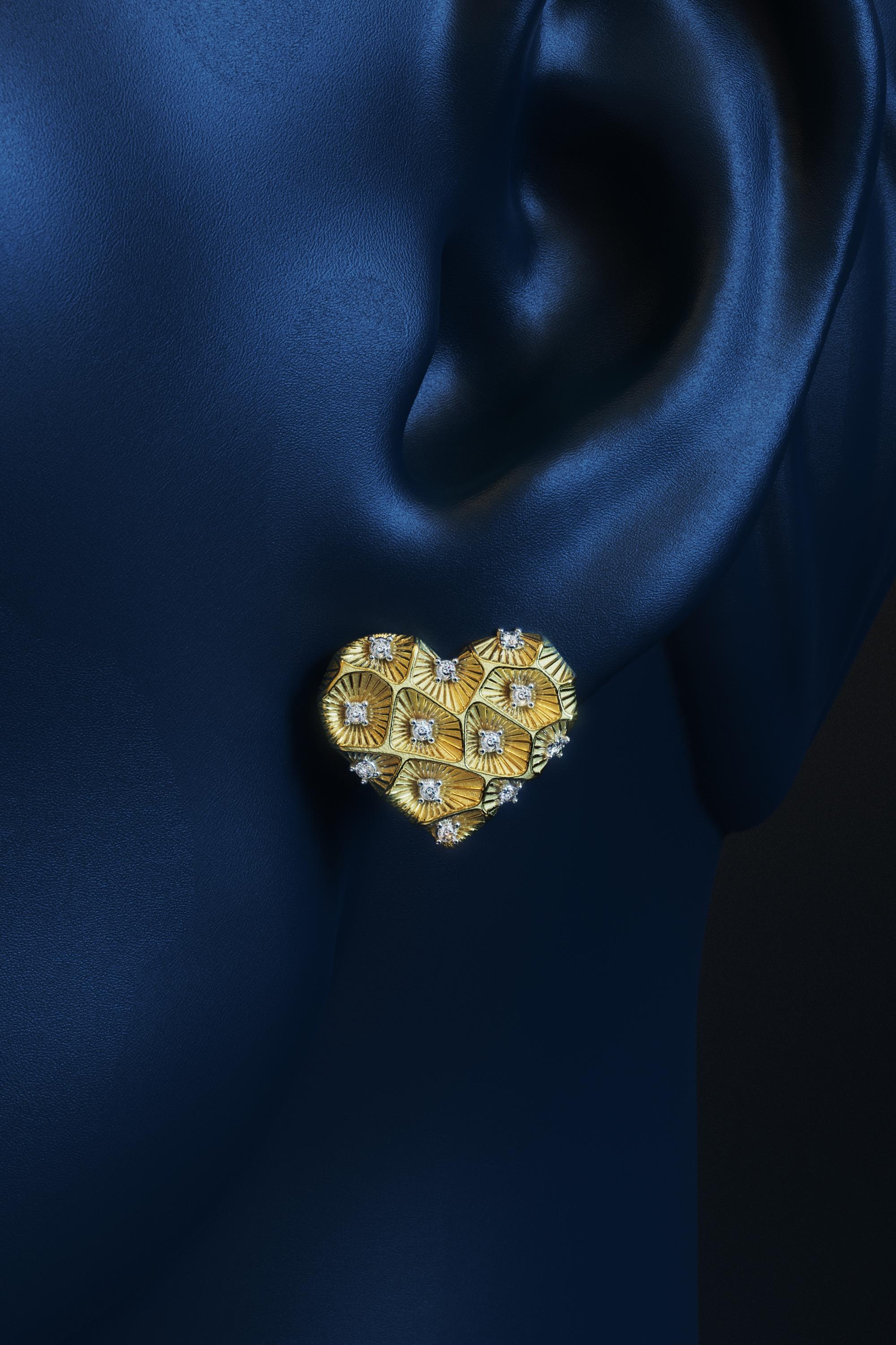 14k Gold Heart Diamond Stud Earrings With Coral Texture - Italian Jewelry For Sale 7