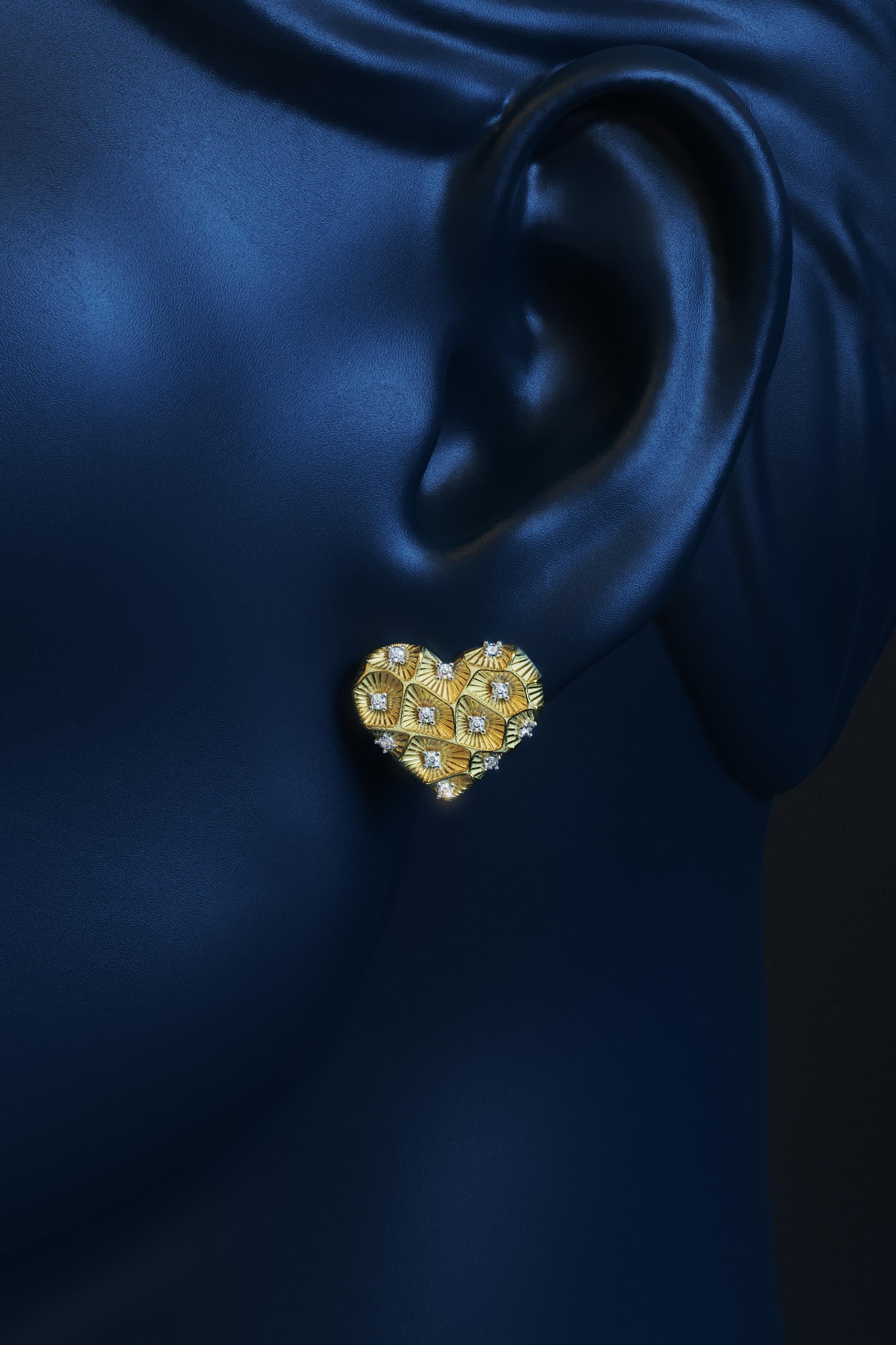 14k Gold Heart Diamond Stud Earrings With Coral Texture - Italian Jewelry For Sale 8