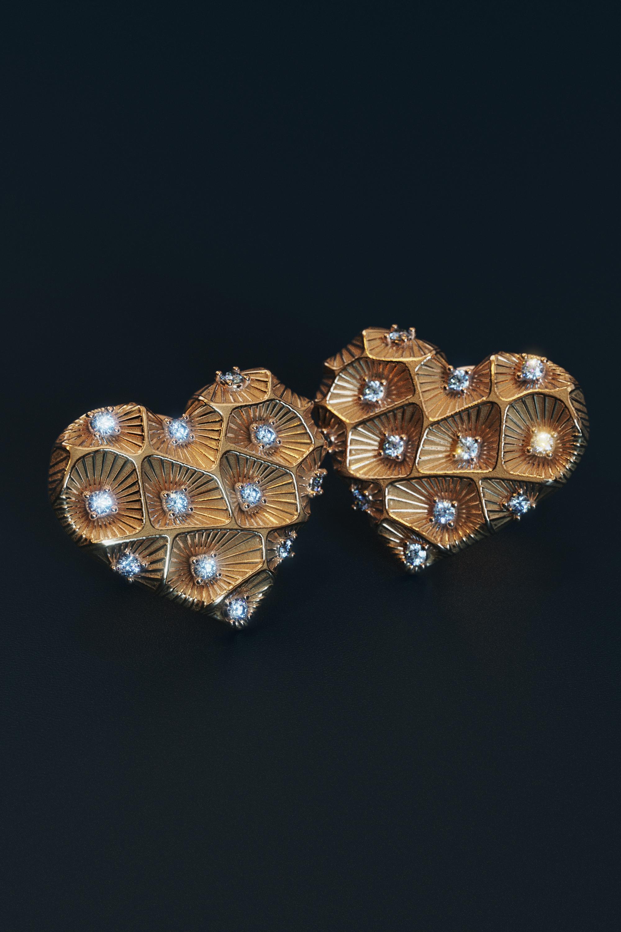Modern 14k Gold Heart Diamond Stud Earrings With Coral Texture - Italian Jewelry For Sale
