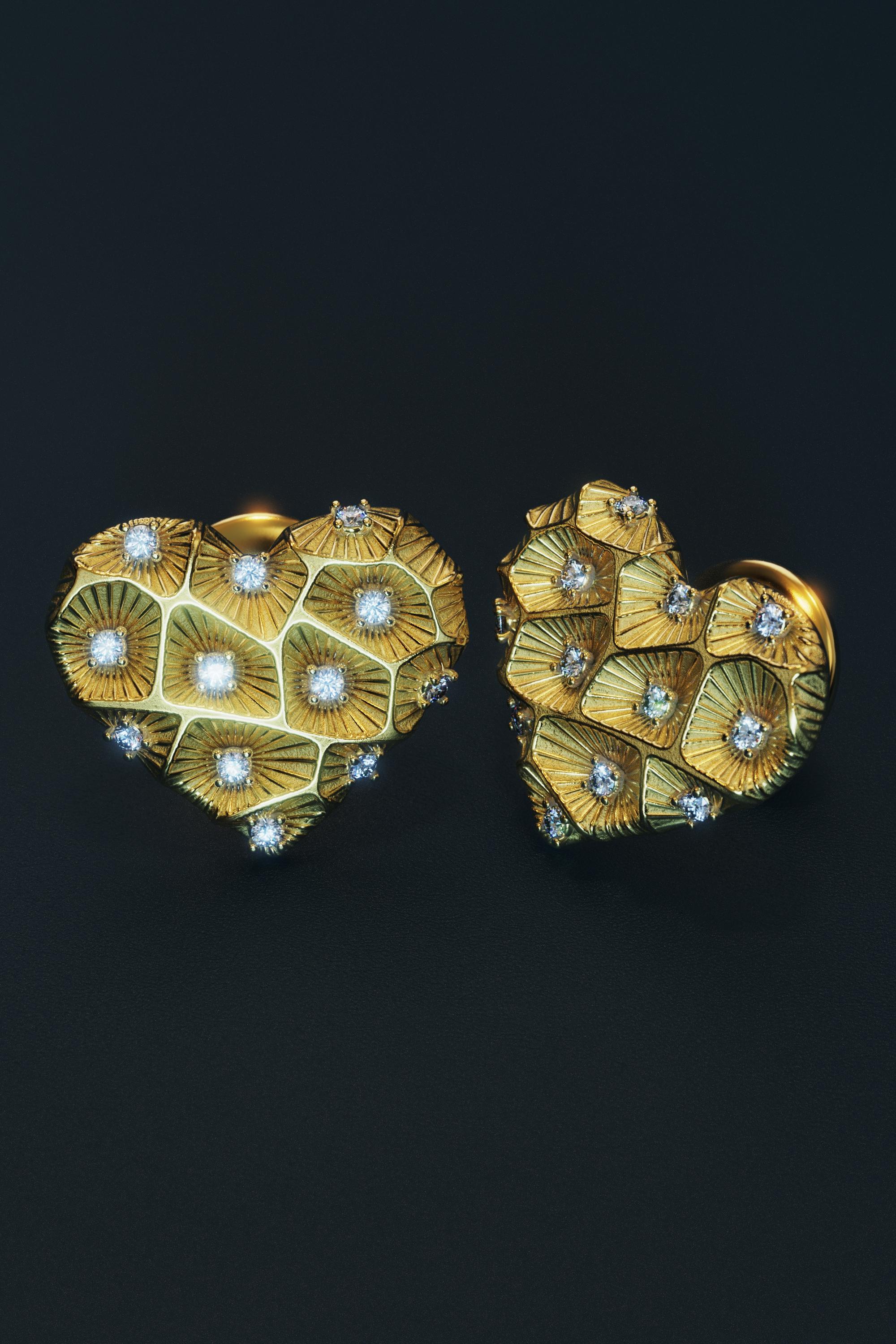 Women's 14k Gold Heart Diamond Stud Earrings With Coral Texture - Italian Jewelry For Sale