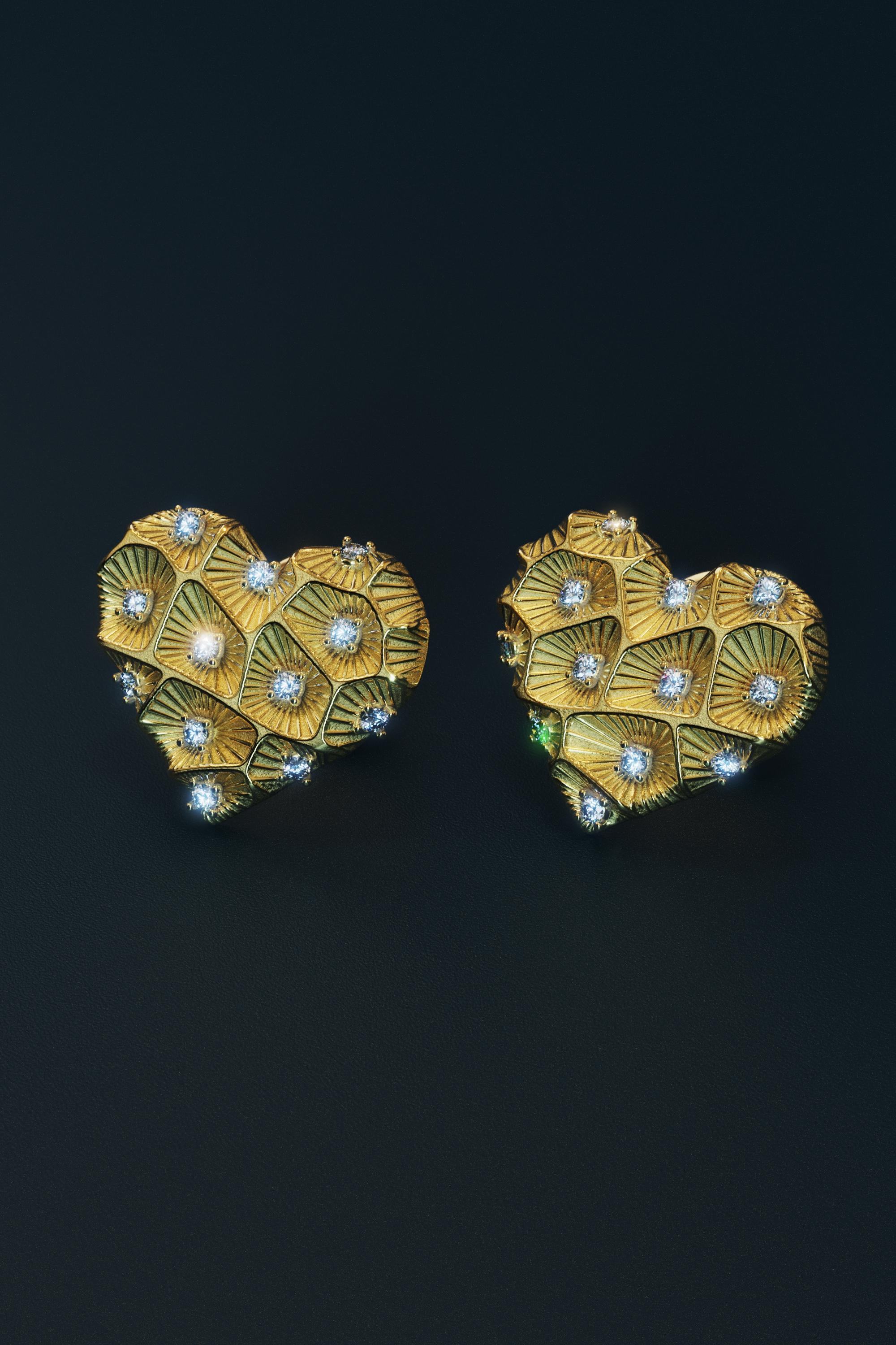 14k Gold Heart Diamond Stud Earrings With Coral Texture - Italian Jewelry For Sale 2