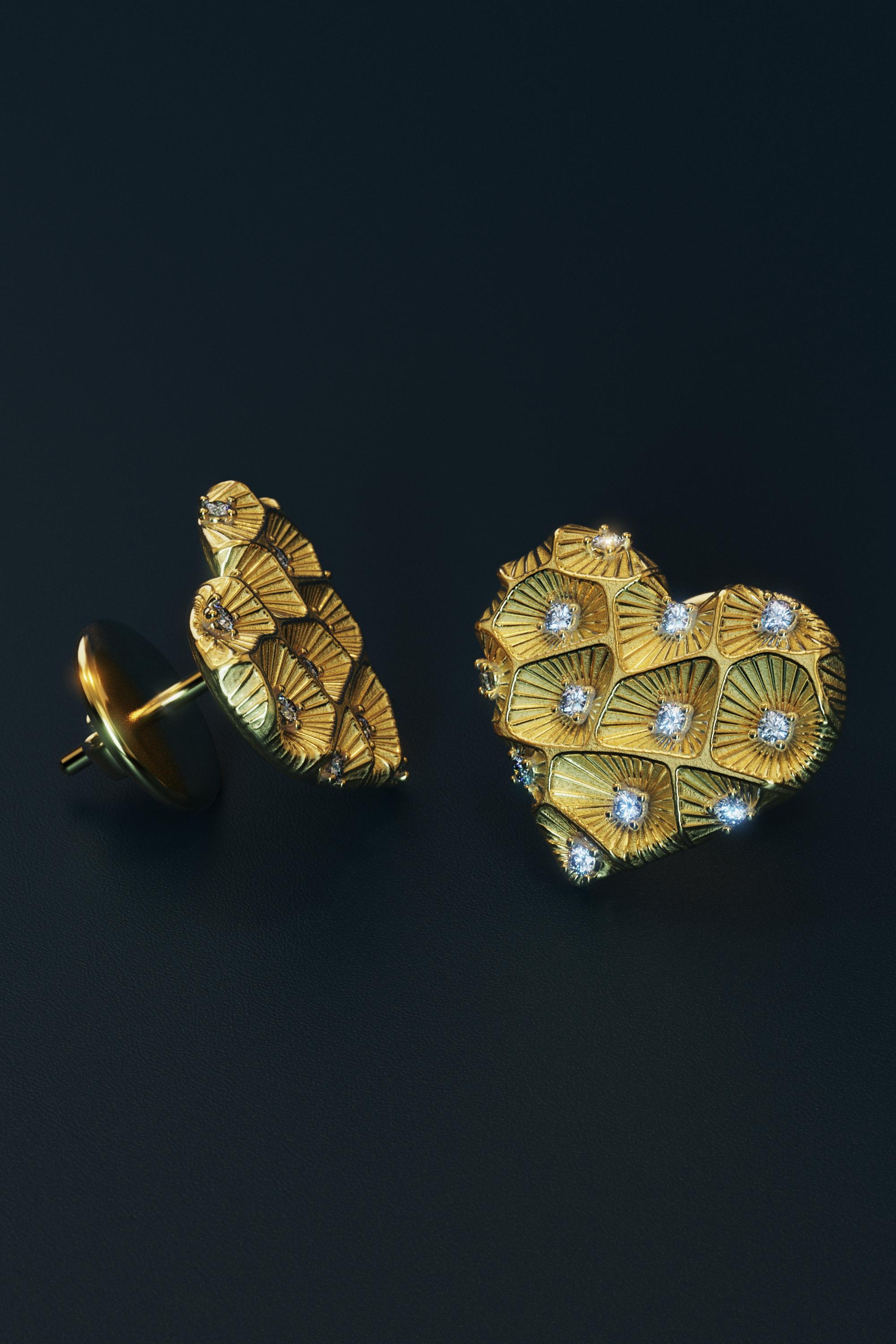 14k Gold Heart Diamond Stud Earrings With Coral Texture - Italian Jewelry For Sale 3
