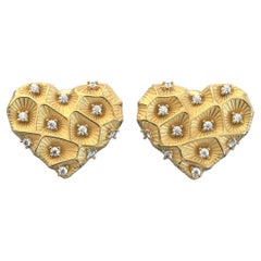 14k Gold Heart Diamond Stud Earrings With Coral Texture - Italian Jewelry