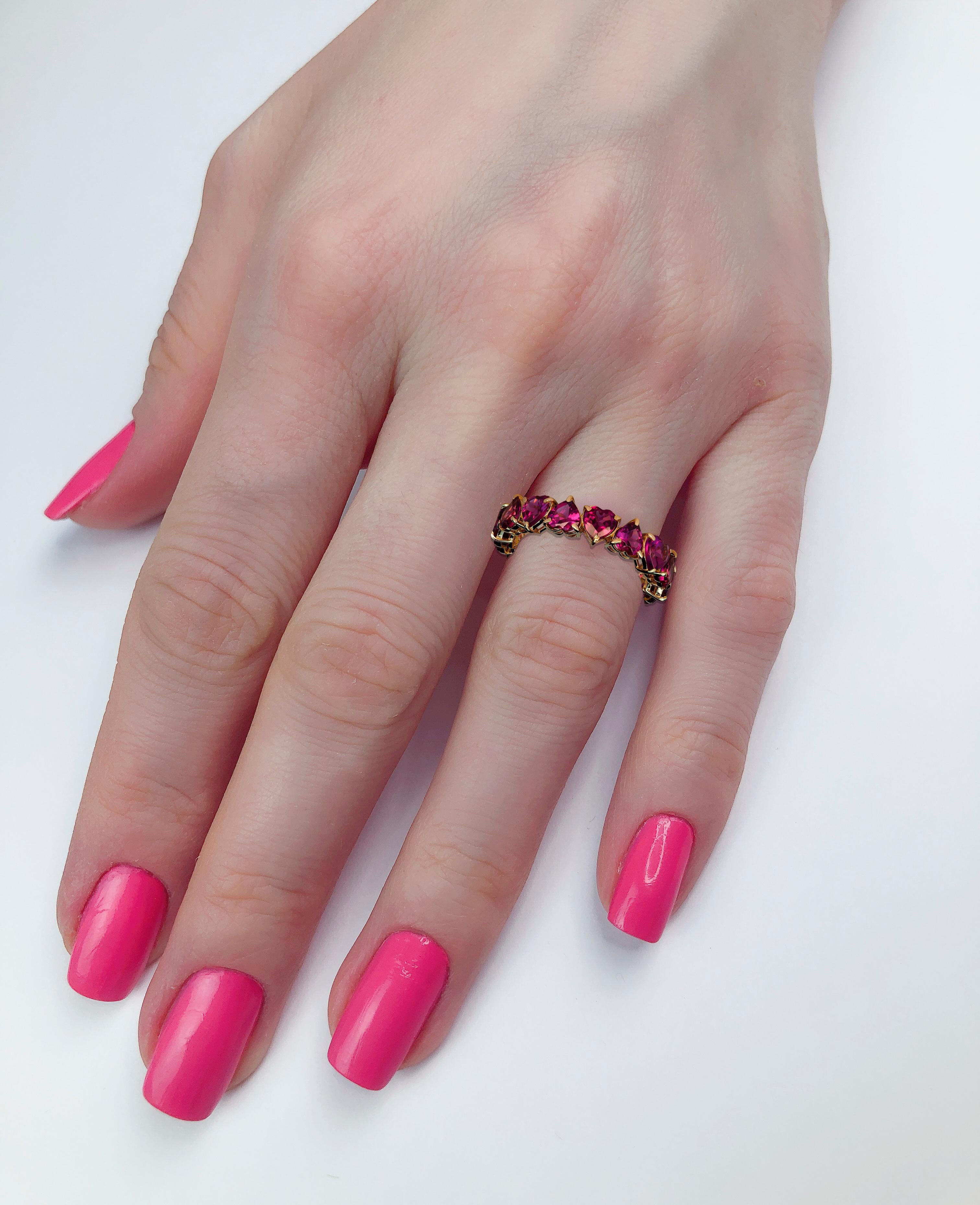 For Sale:  Heart garnet ring. 14k Gold Heart Eternity Ring with Heart Garnets! 15
