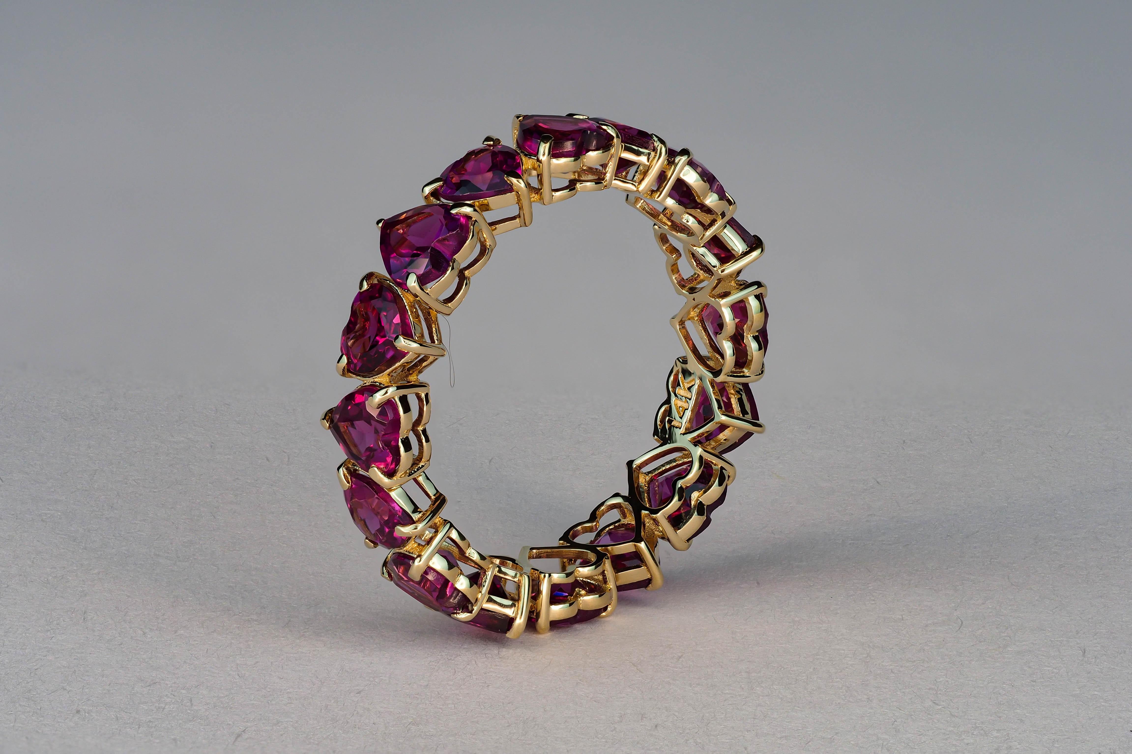 For Sale:  Heart garnet ring. 14k Gold Heart Eternity Ring with Heart Garnets! 9