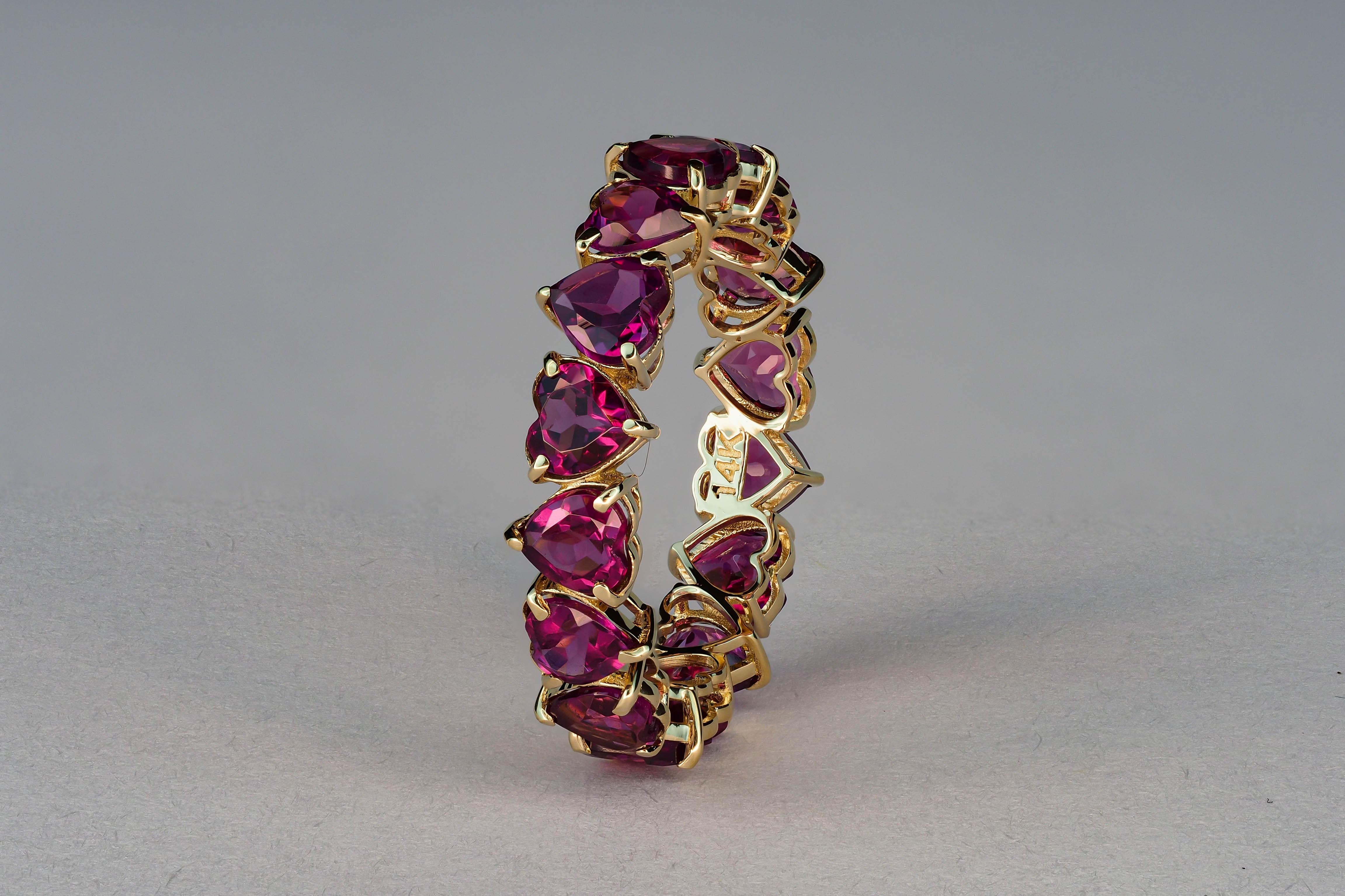 For Sale:  Heart garnet ring. 14k Gold Heart Eternity Ring with Heart Garnets! 10