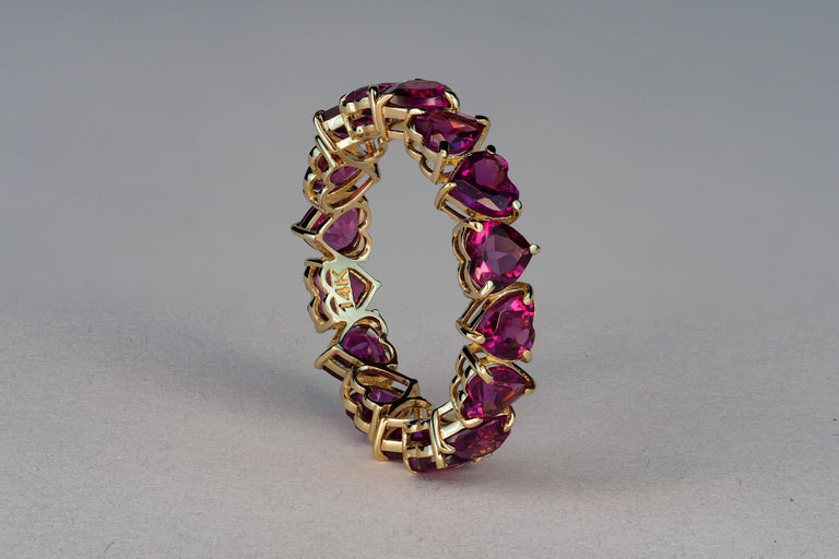 For Sale:  Heart garnet ring. 14k Gold Heart Eternity Ring with Heart Garnets 11