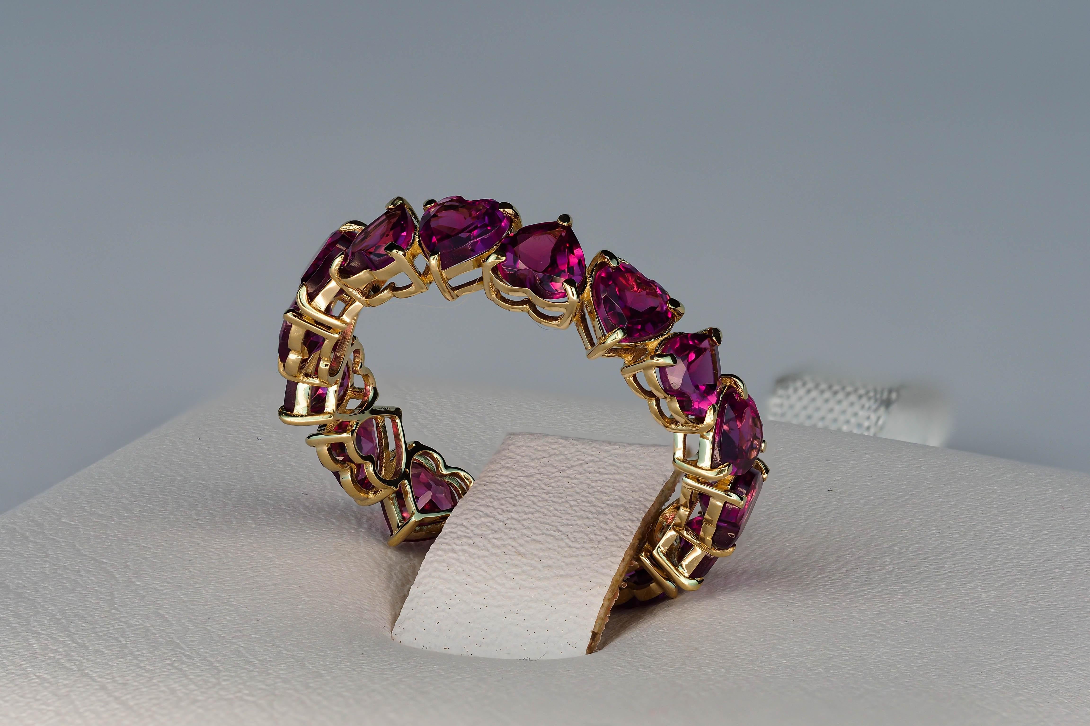 For Sale:  Heart garnet ring. 14k Gold Heart Eternity Ring with Heart Garnets! 14