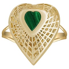 14K Gold Heart Malachite Ring – Solid Gold Statement Designer Jewelry