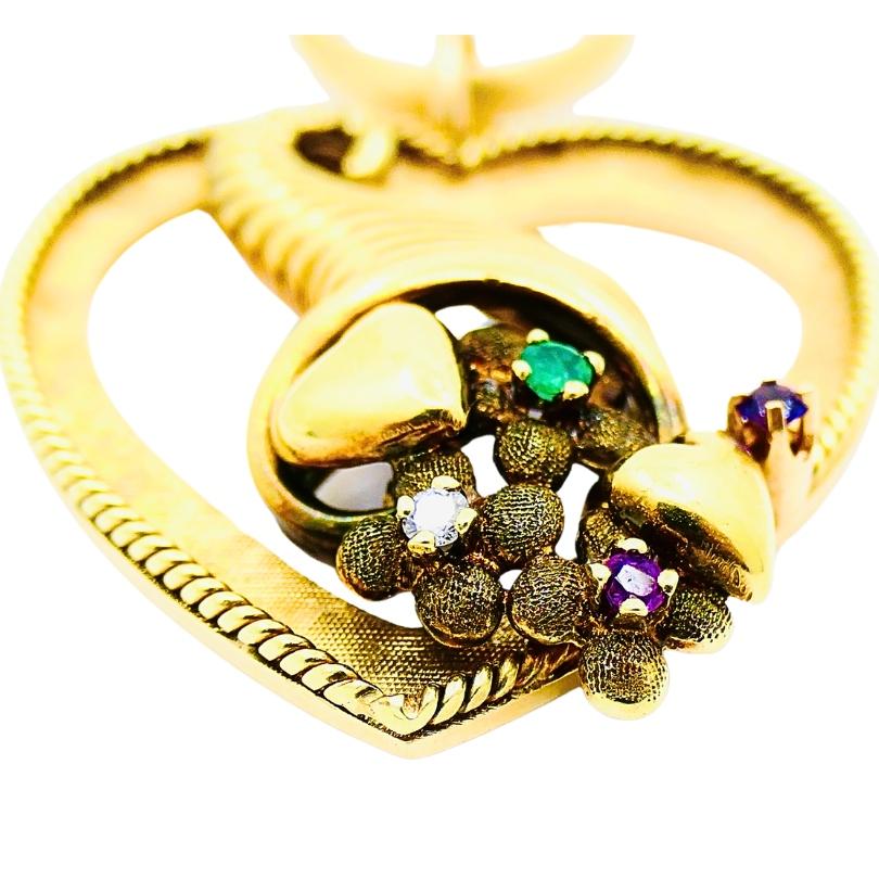 da uomo o donna Ciondolo a forma di cuore in oro 14k con disegno di cornucopia in vendita