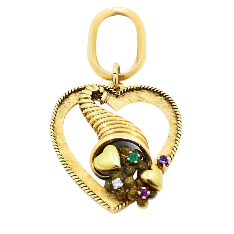 Ciondolo a forma di cuore in oro 14k con disegno di cornucopia in vendita 2