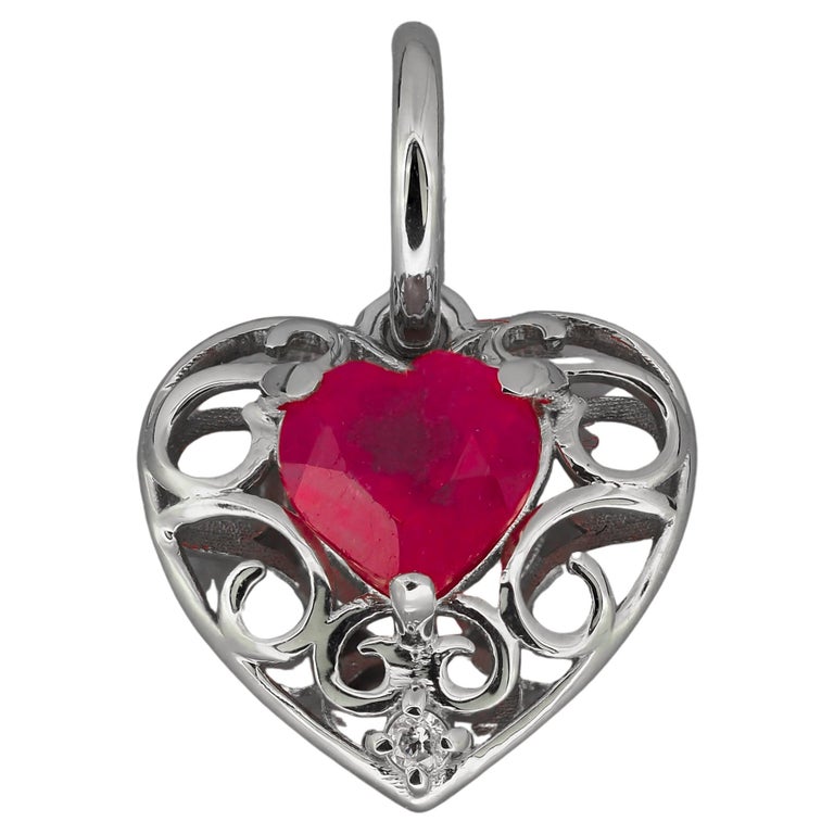 14k Gold "Heart" Pendant with Natural Ruby and Diamond, Heart Ruby Pendant For Sale