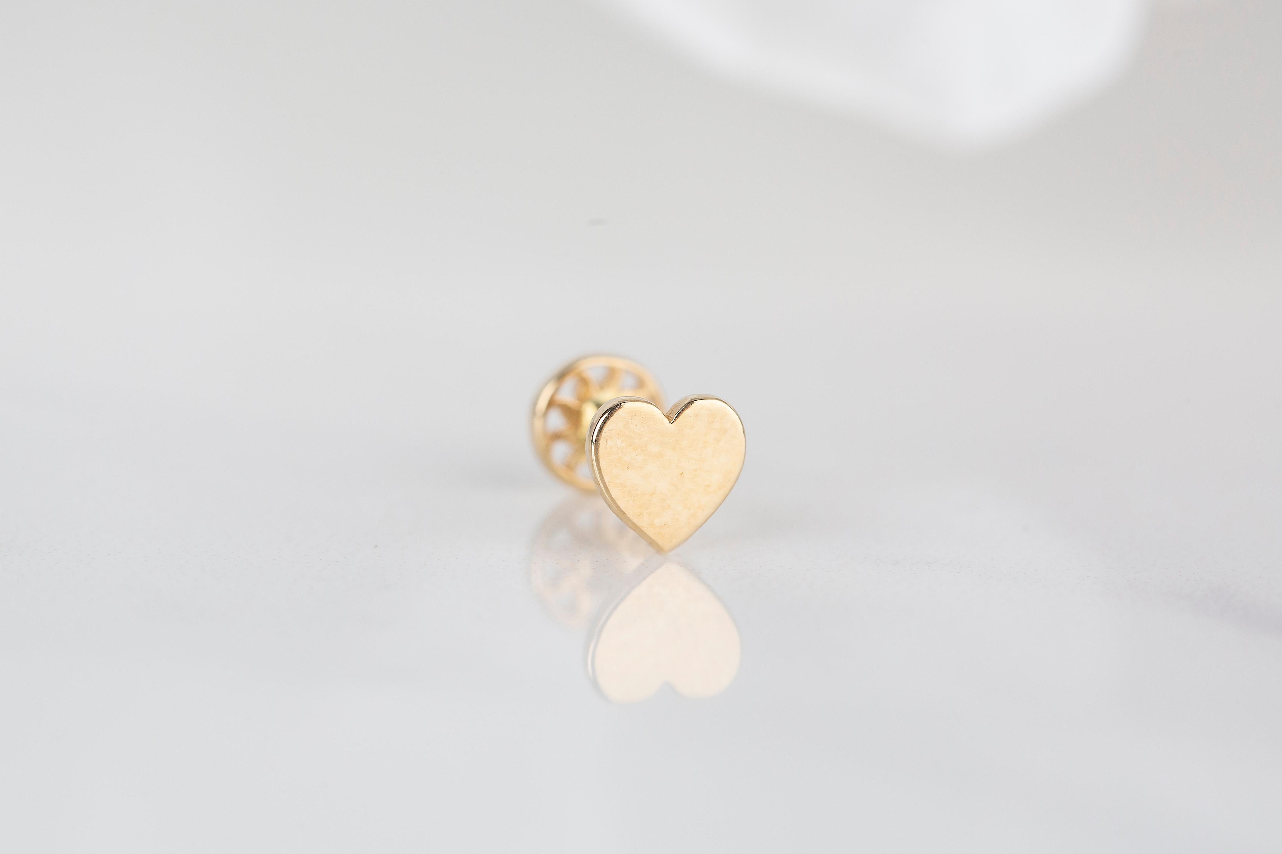 14K Gold Heart Piercing, Heart Shape Gold Stud Earring In New Condition For Sale In ISTANBUL, TR