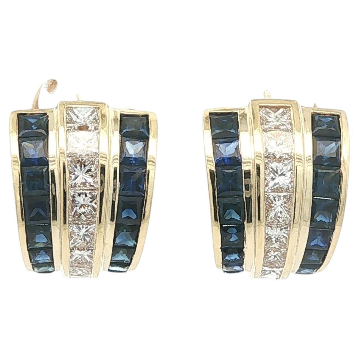 Pendientes Puño Acampanados Zafiro Diamante Corte Calibre Oro 14k Alta Calidad Canal