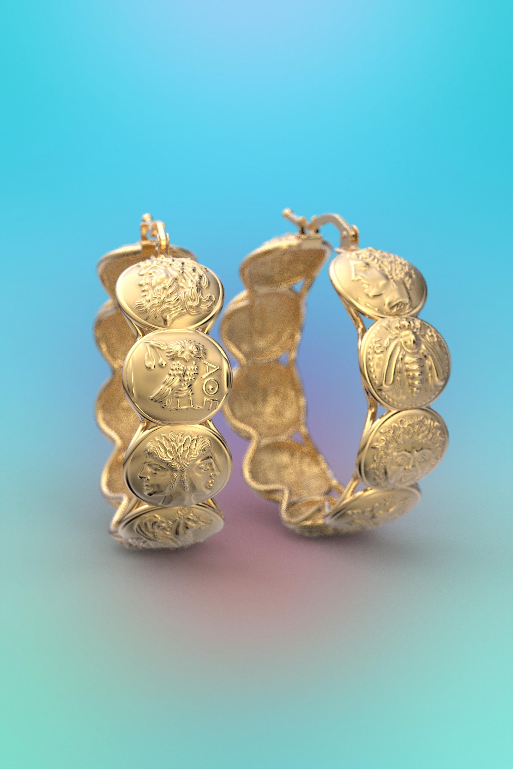 14k Gold hoop earrings inspired by ancient Greek coins, only made to order. For Sale 3