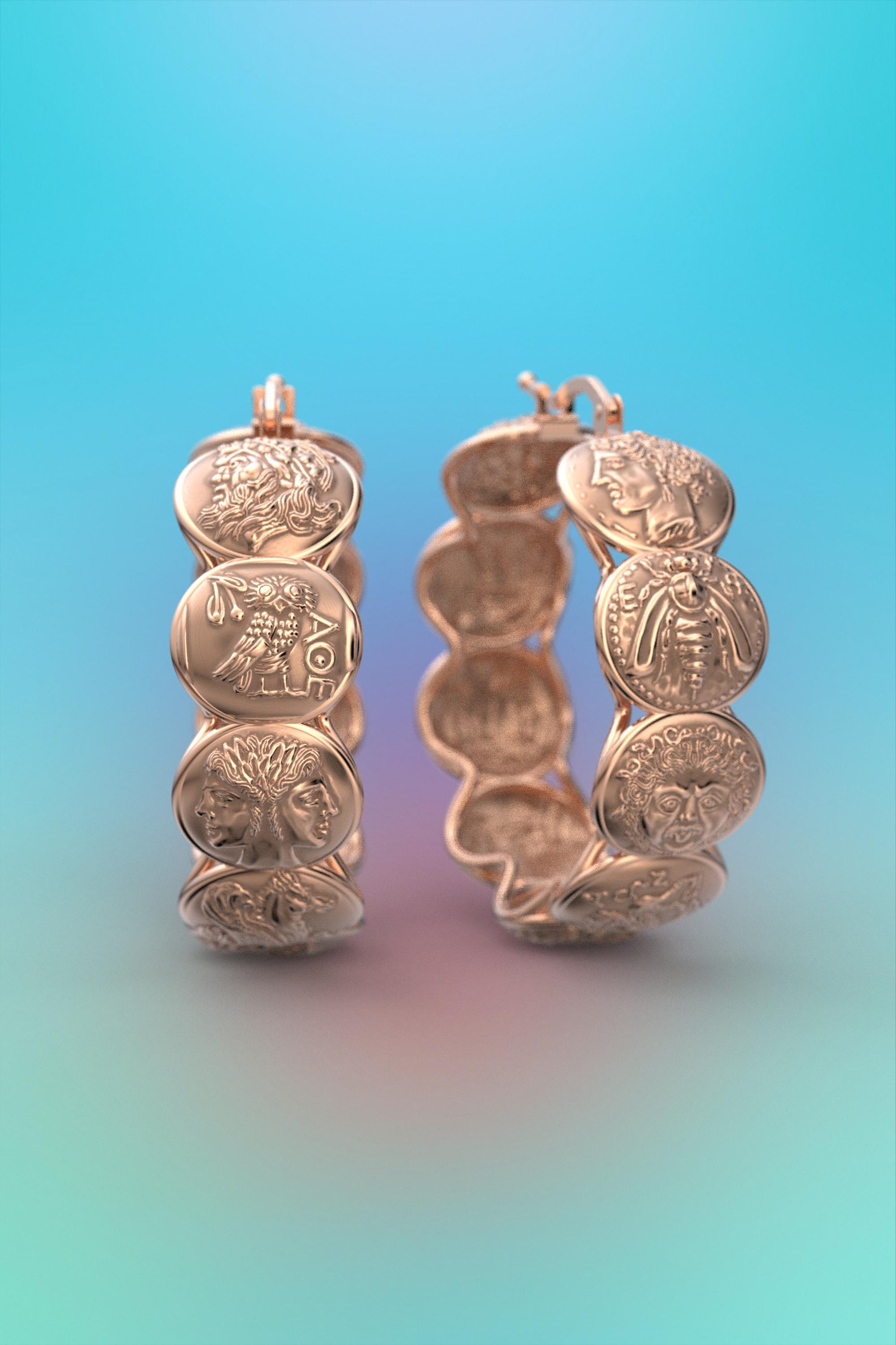 14k Gold hoop earrings inspired by ancient Greek coins, only made to order. For Sale 5