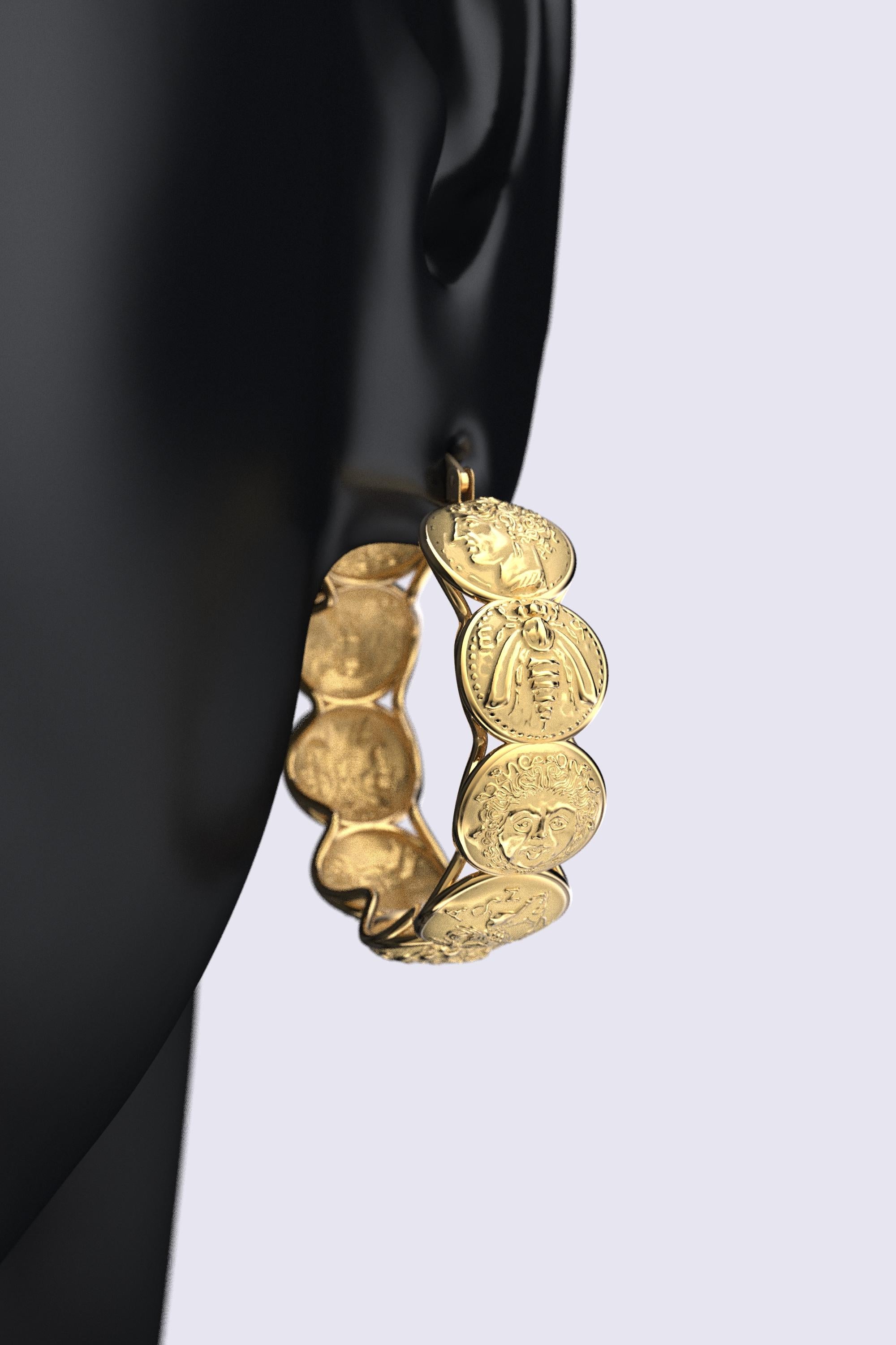 Classical Greek 14k Gold hoop earrings inspired by ancient Greek coins, only made to order. For Sale