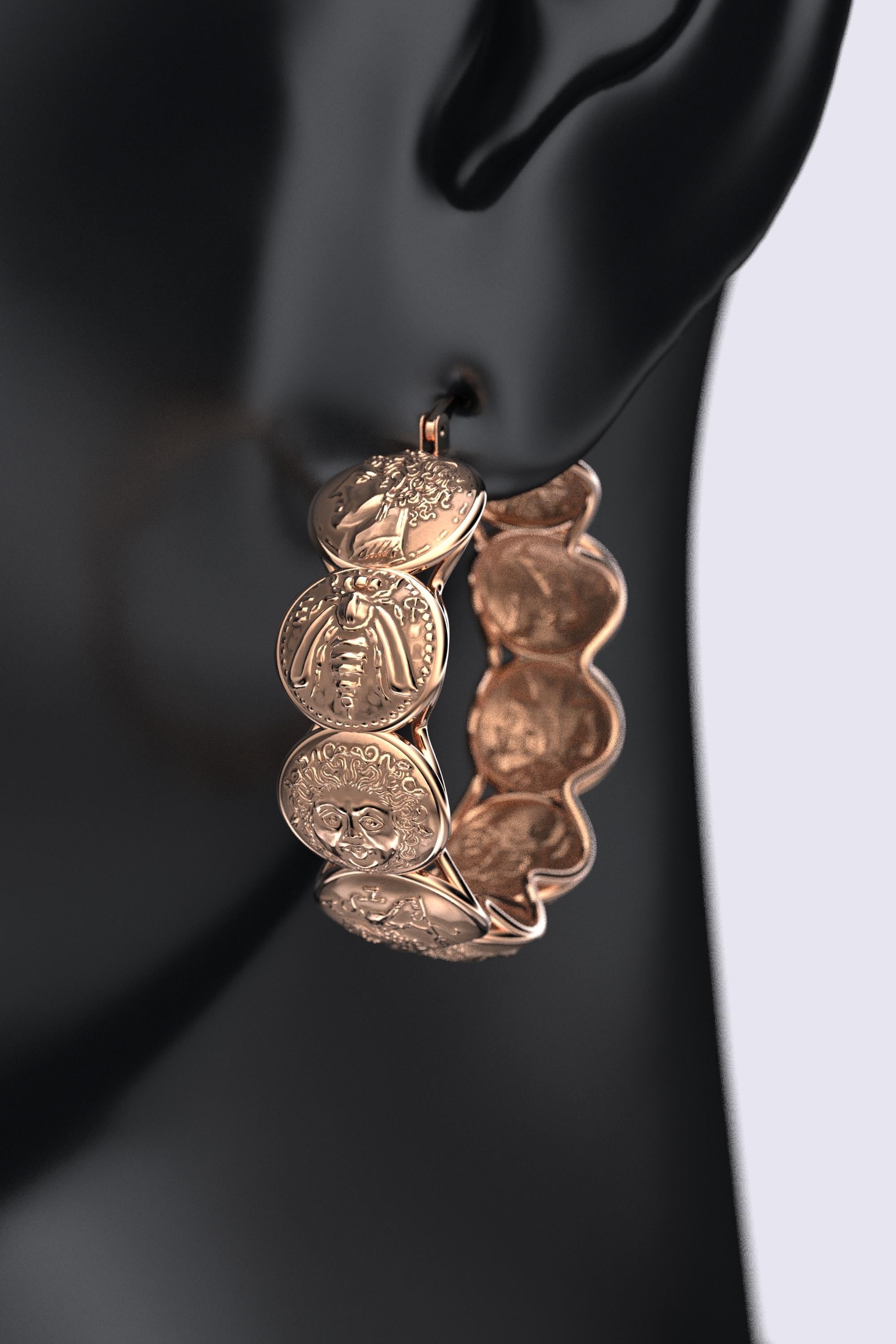 Women's 14k Gold hoop earrings inspired by ancient Greek coins, only made to order. For Sale