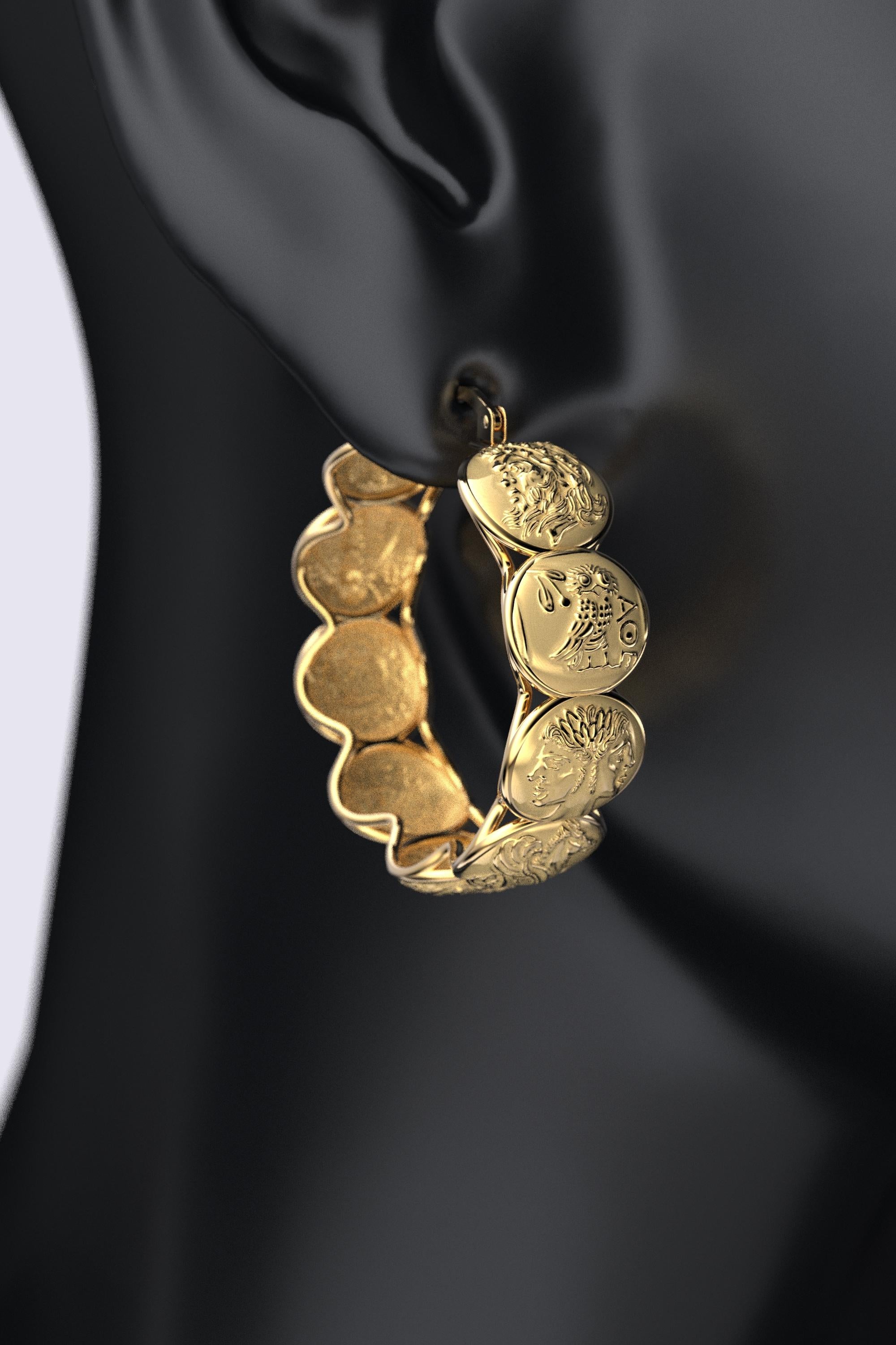 Women's 14k Gold hoop earrings inspired by ancient Greek coins, only made to order. For Sale
