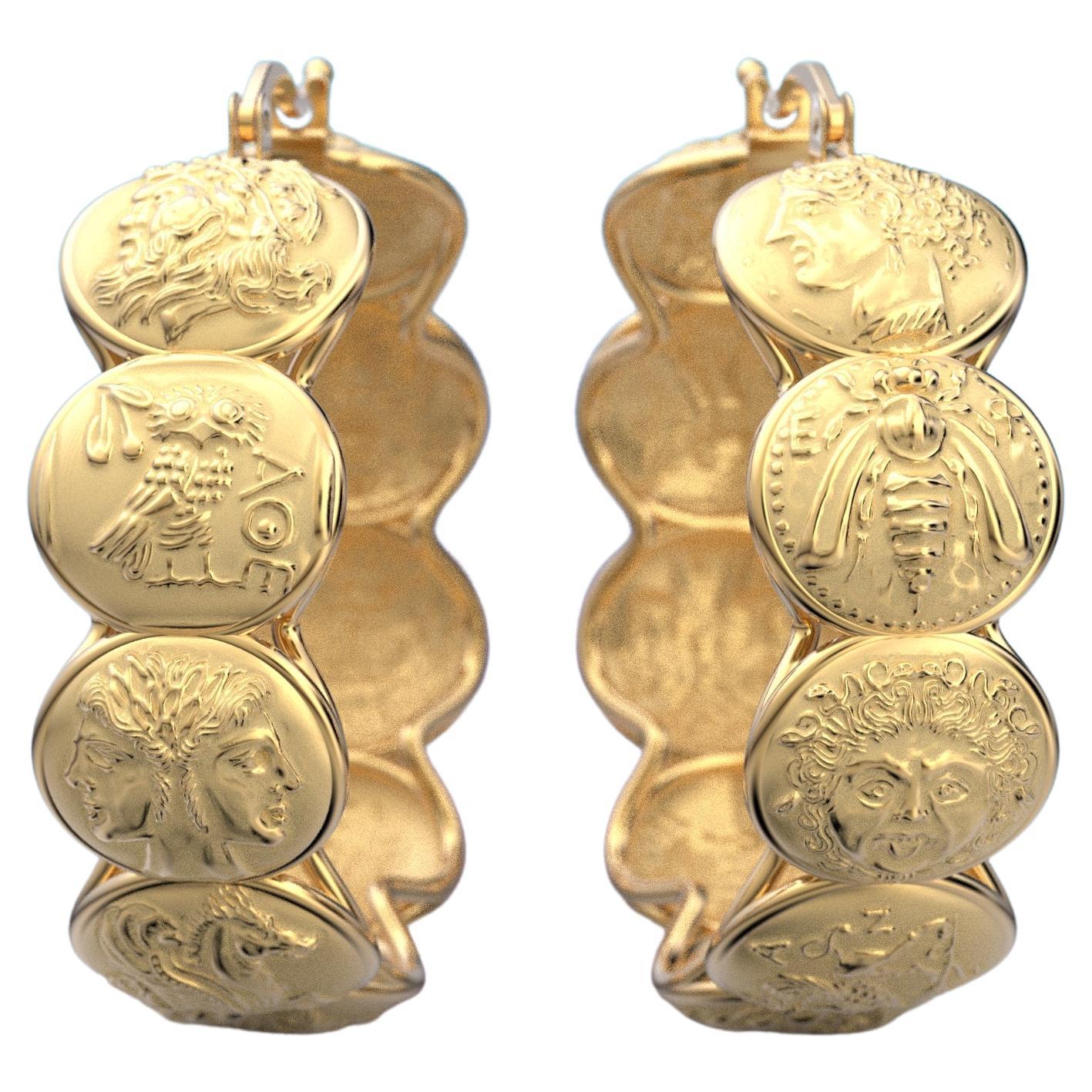 14k Gold hoop earrings inspired by ancient Greek coins, only made to order. For Sale