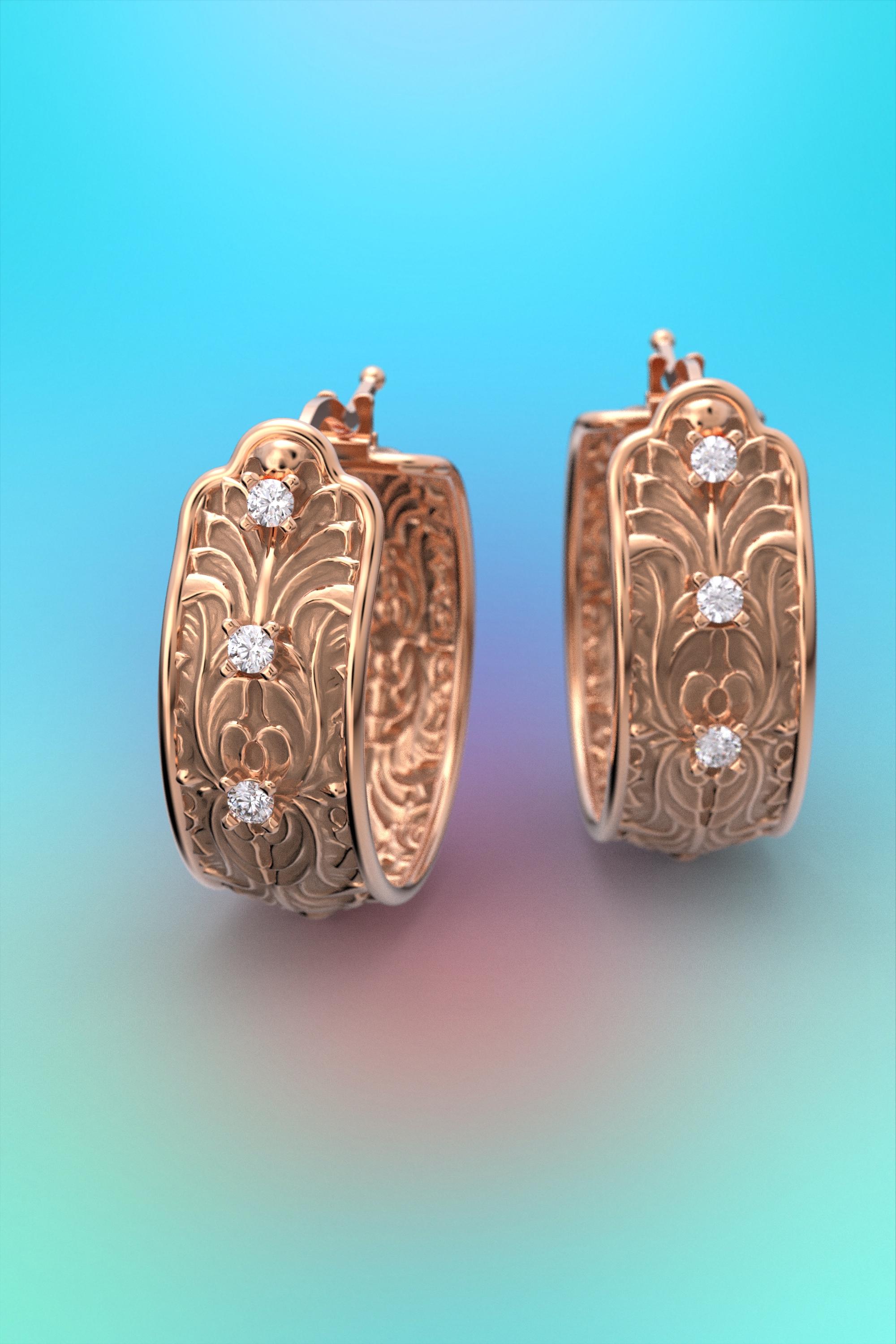 14k Gold Hoop Earrings Made in Italy by Oltremare Gioielli, Baroque Style For Sale 5