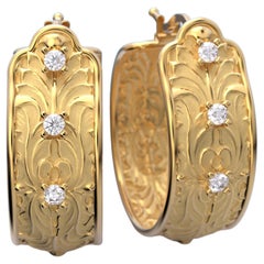 14k Gold Hoop Earrings Made in Italy by Oltremare Gioielli, Baroque Style