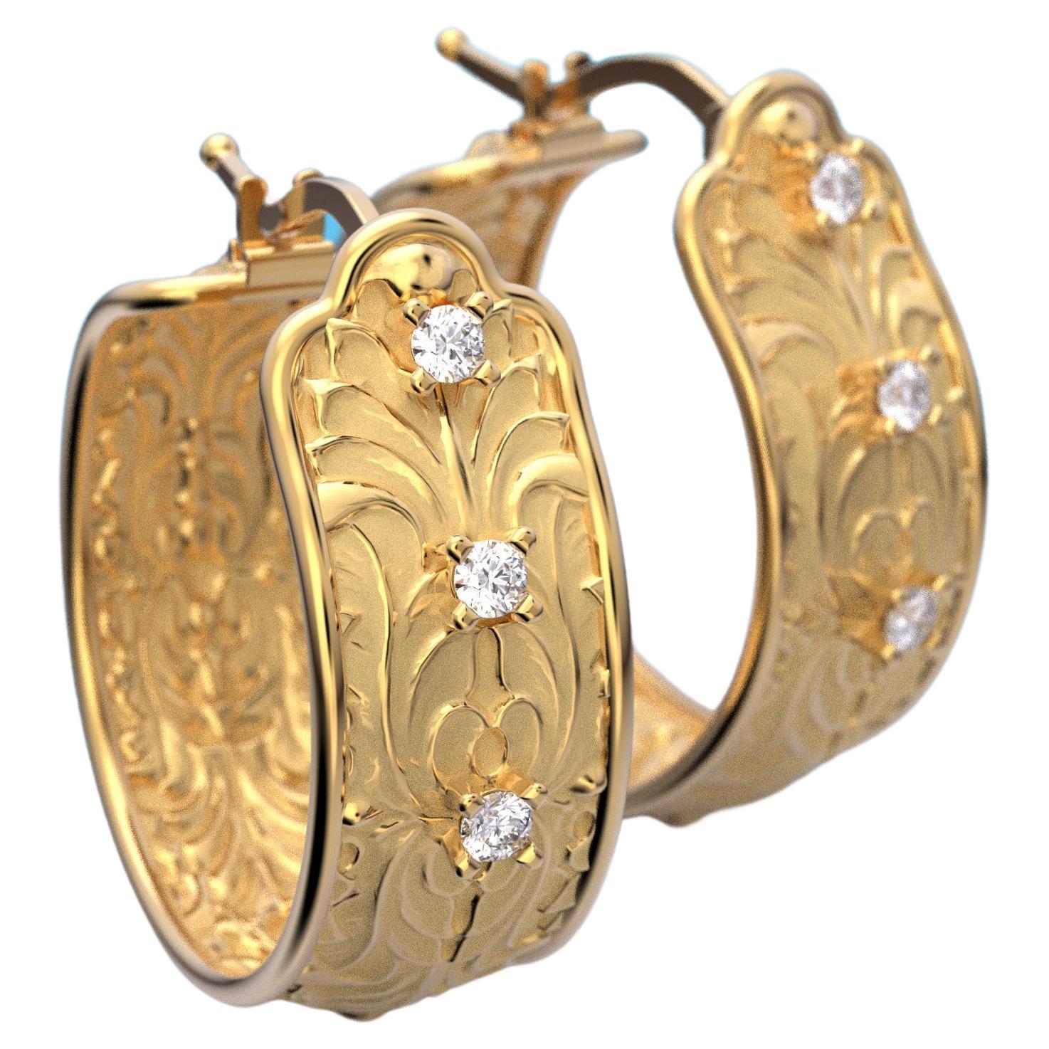 14k Gold Hoop Earrings Made in Italy by Oltremare Gioielli, Baroque Style