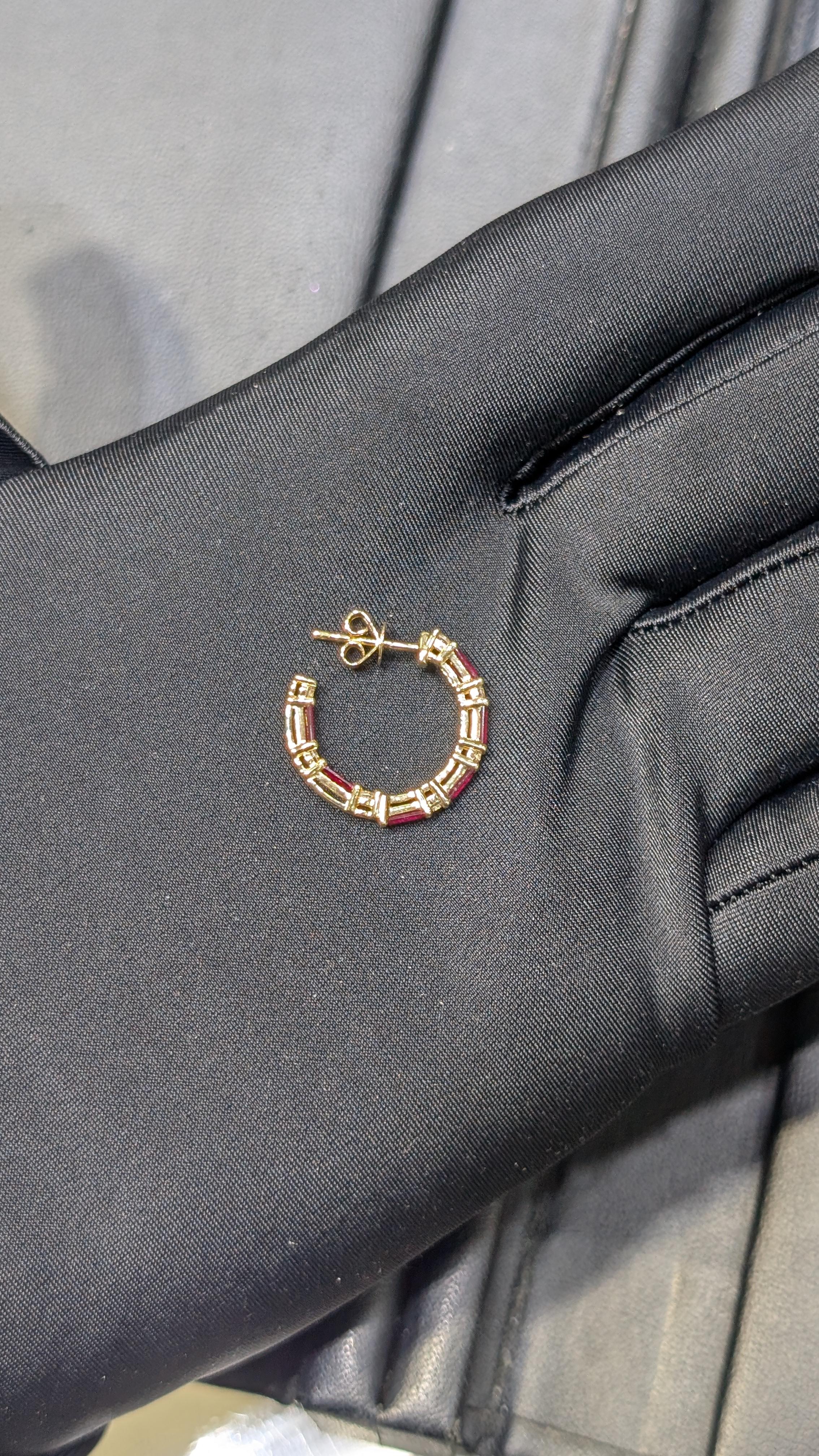 14k Gold Hoop Earrings with .50ct in round diamonds and 1.90ct emerald cut Ruby For Sale 1