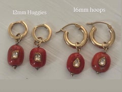 14k Gold Hoop Earrings with Coral and Polki Diamonds