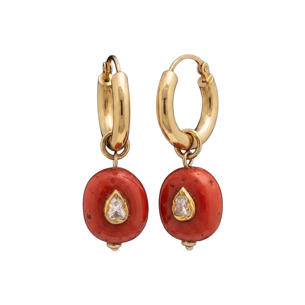 14k Gold Hoop Earrings with Coral and Polki Diamonds