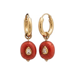 14k Gold Hoop Earrings with Coral and Polki Diamonds