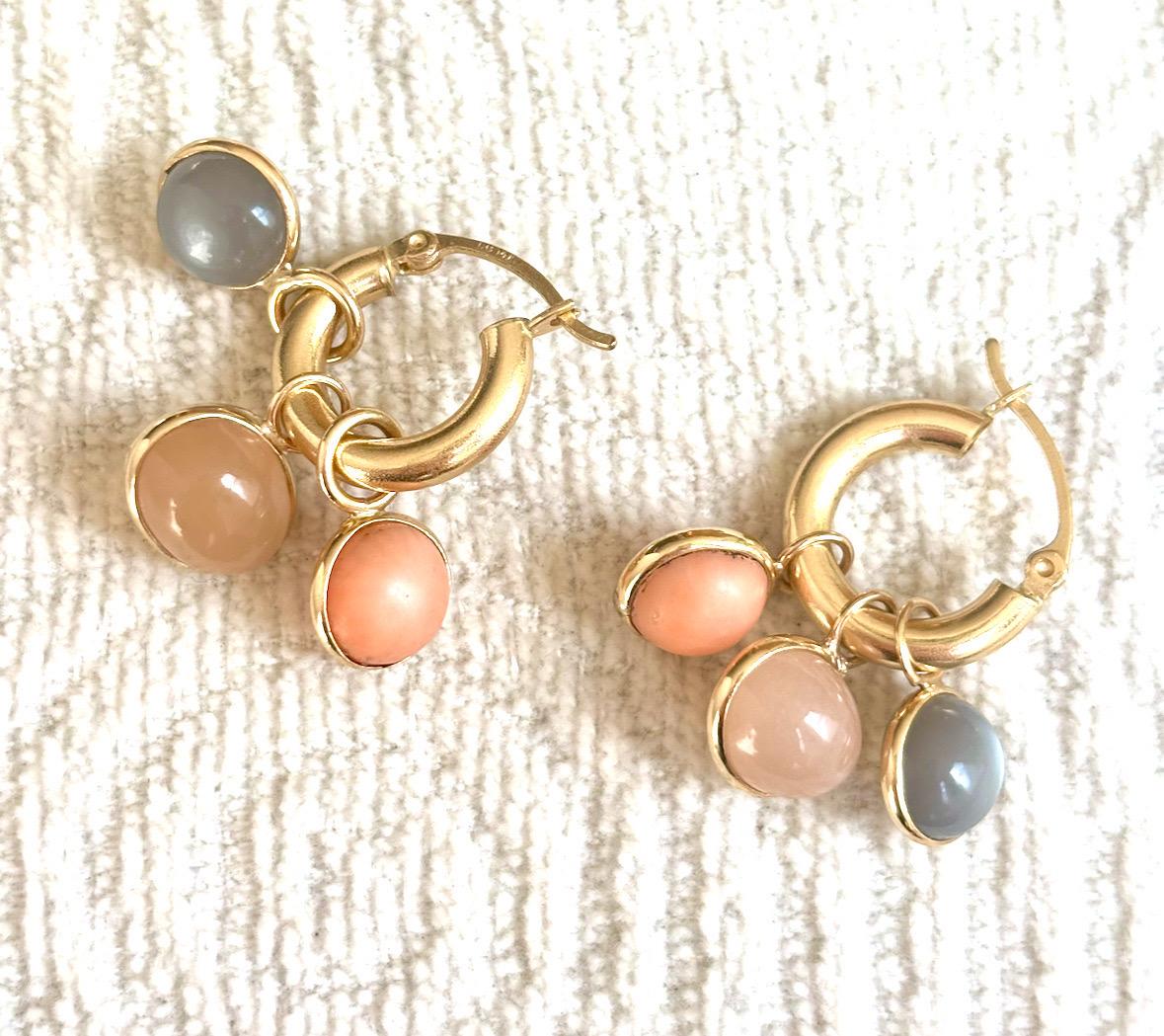 Pendientes de aro de oro de 14k con colgantes de oro, piedra de luna y coral: ¡multifuncionales! en venta 3