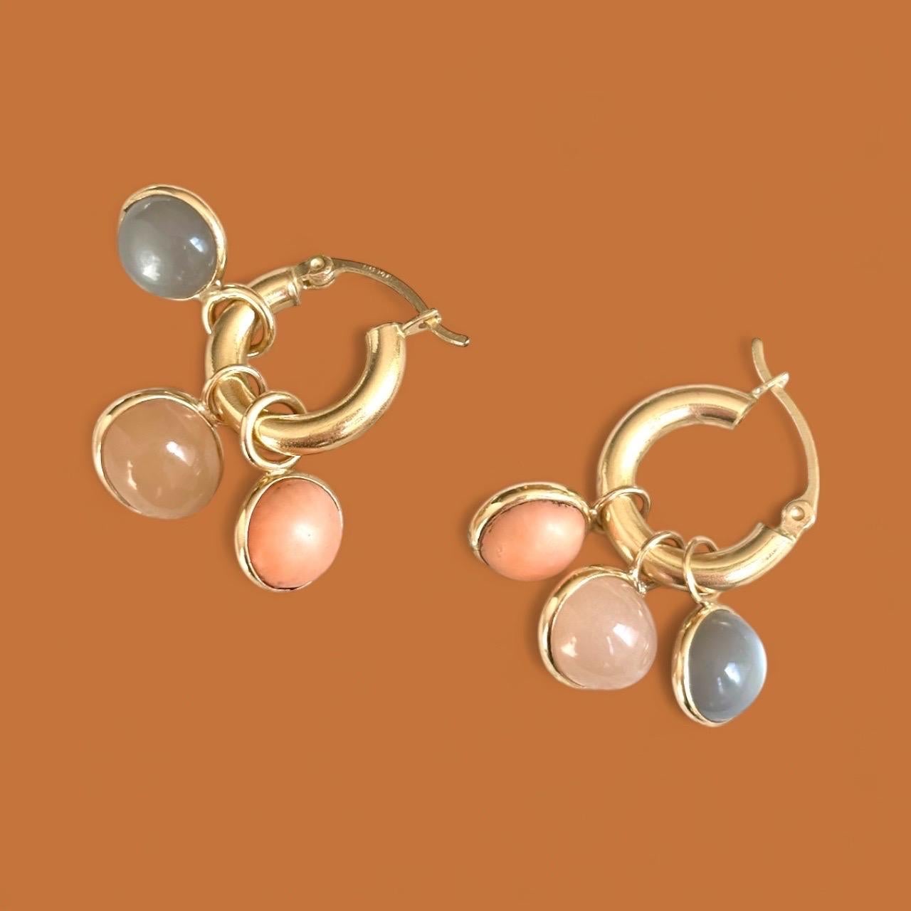 Pendientes de aro de oro de 14k con colgantes de oro, piedra de luna y coral: ¡multifuncionales! en venta 4