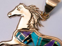 14k Gold Horse Pendant Inlaid Turquoise, Opal, Sugilite, Jet, Touch of Santa Fe