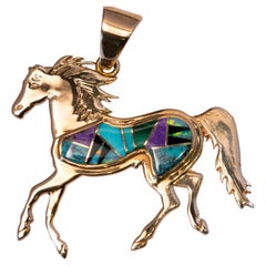 14k Gold Horse Pendant Inlaid Turquoise, Opal, Sugilite, Jet, Touch of Santa Fe