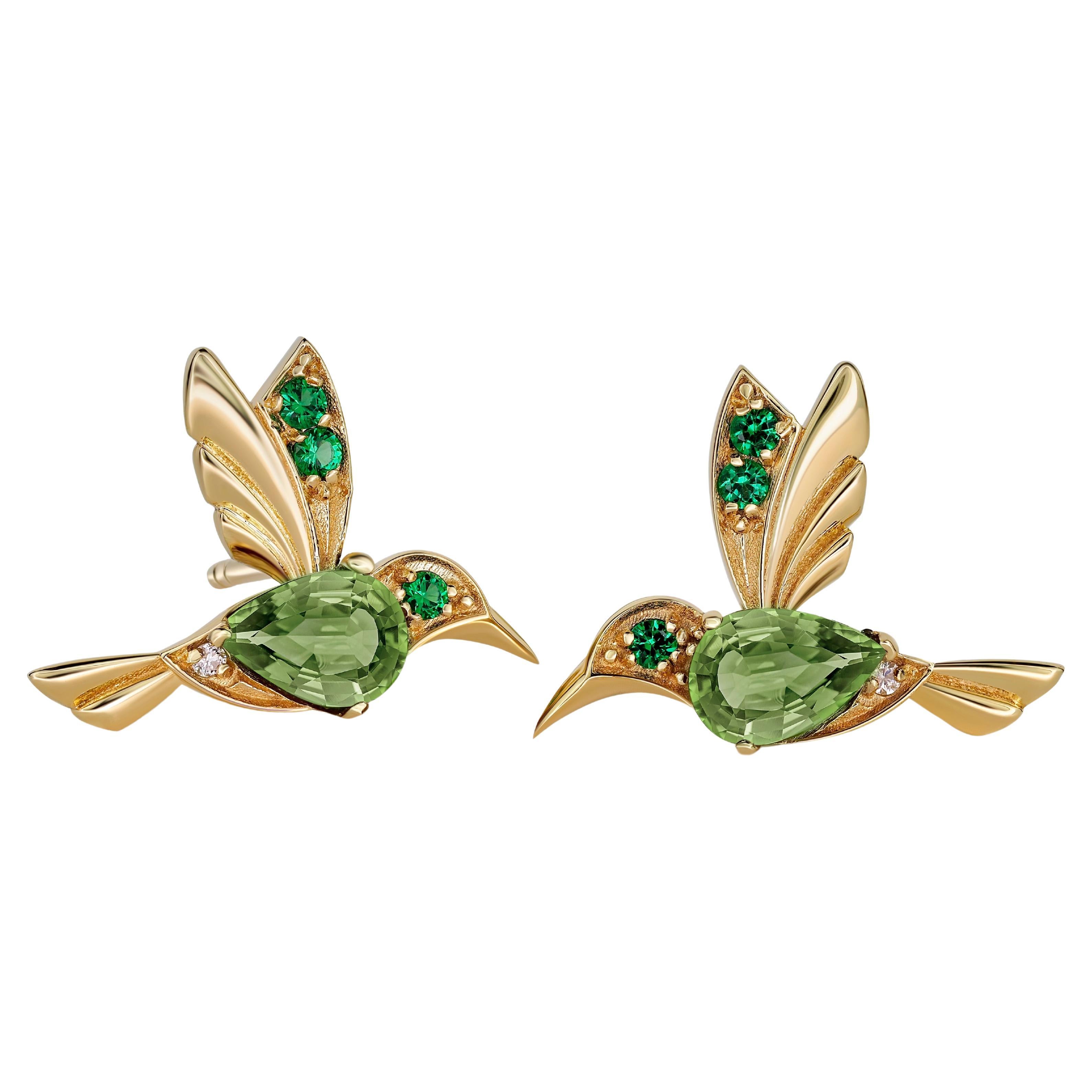 14k Gold Hummingbird Earings Studs with Peridot, Peridot Gold Stud Earrings! For Sale