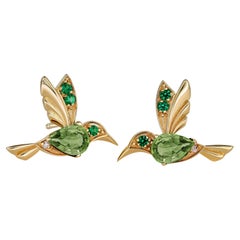 14k Gold Hummingbird Earings Studs with Peridot, Peridot Gold Stud Earrings!