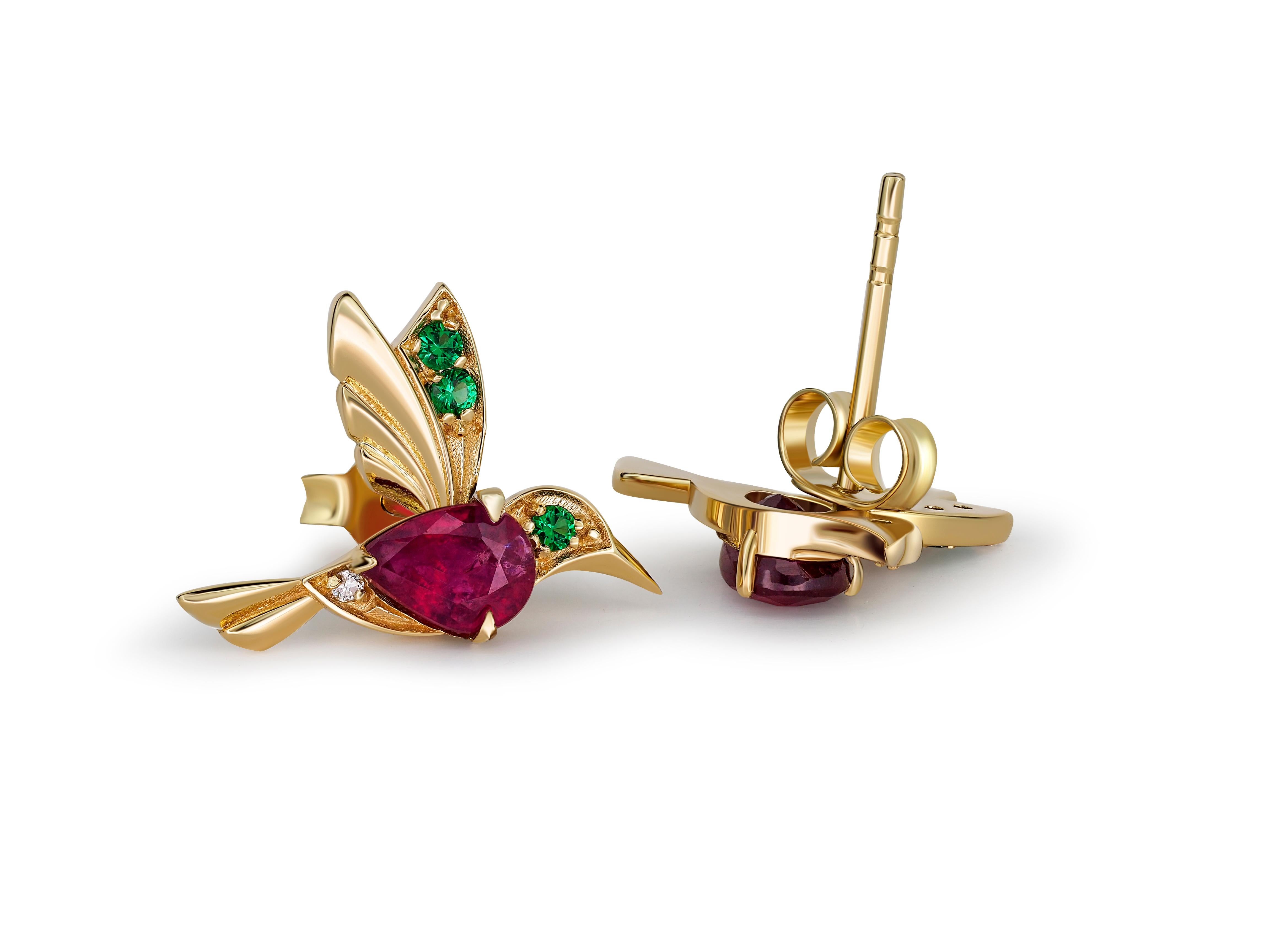 Pear Cut 14k Gold Hummingbird Earings Studs with Rubies, Bird Stud Earrings with Gems ! For Sale