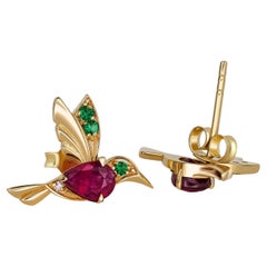 14k Gold Hummingbird Earings Studs with Rubies, Bird Stud Earrings with Gems !