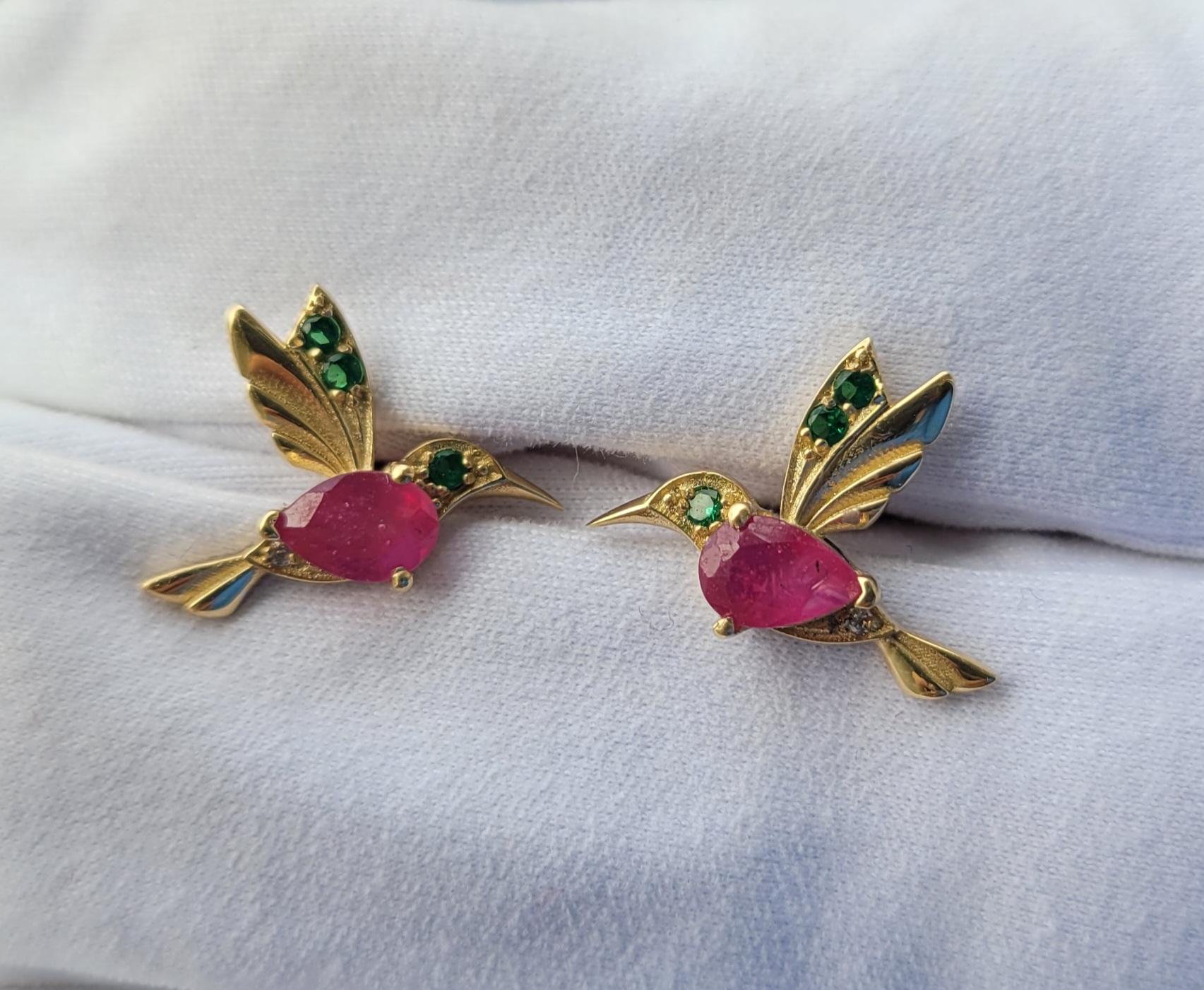 Hummingbird Stud Earrings with colored gemstone. Bird earrings. Pear ruby earrings. Hummingbird earrings. Red bird earrings. Tropic bird earrings.

We also have matching design pendant -  Ruby 14 karat gold pendant. Bird pendant with ruby. July