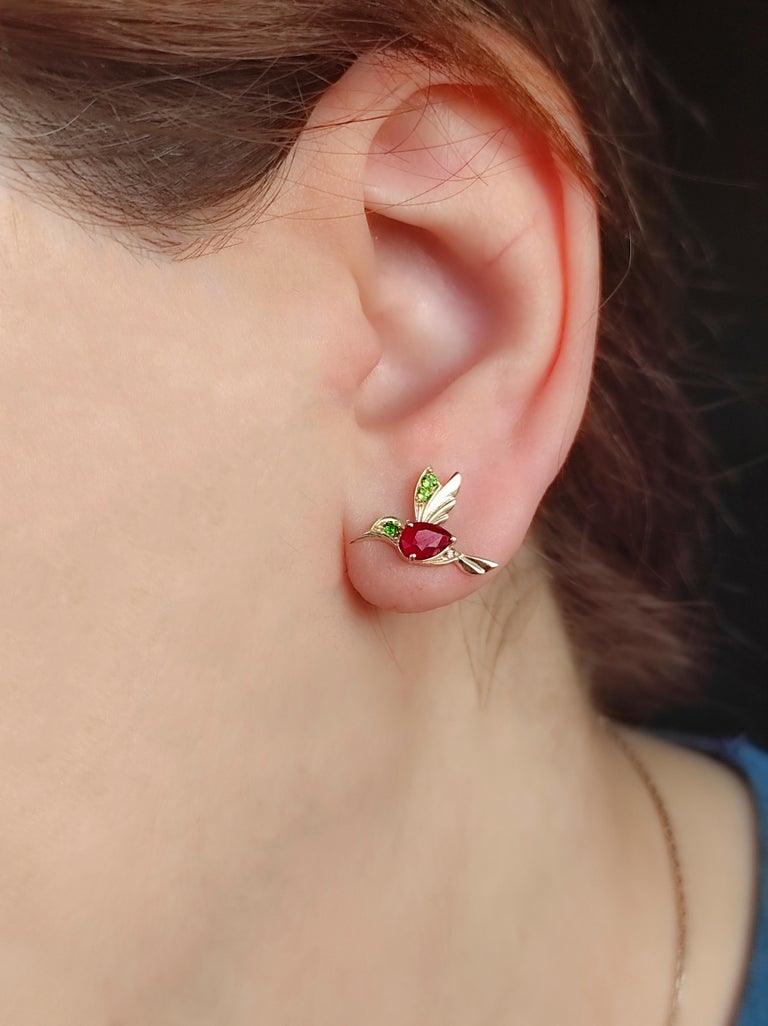 14k Gold Hummingbird Earings Studs with Rubies, Bird Stud Earrings with