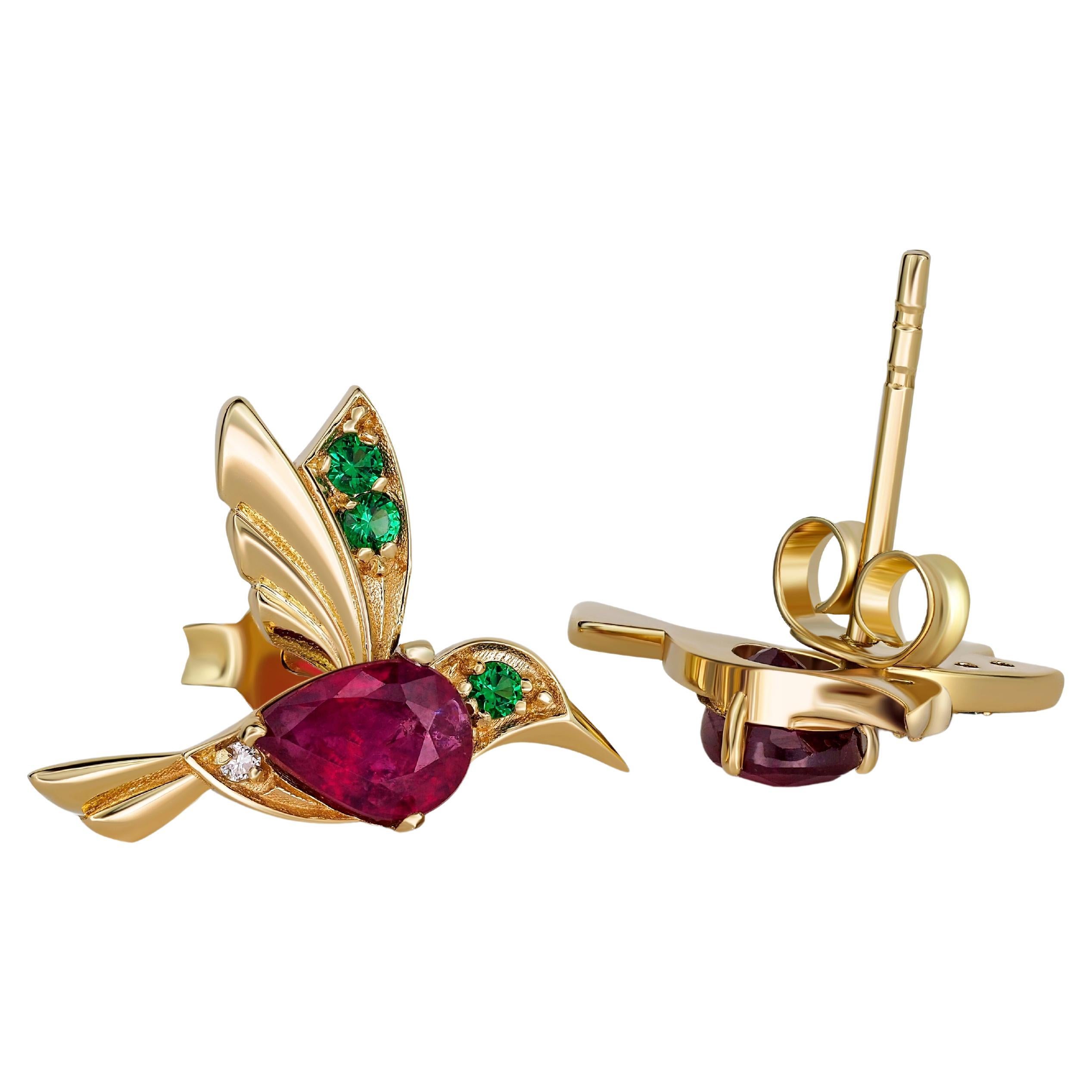 14k Gold Hummingbird Earings Studs with Rubies, Bird Stud Earrings with Gems