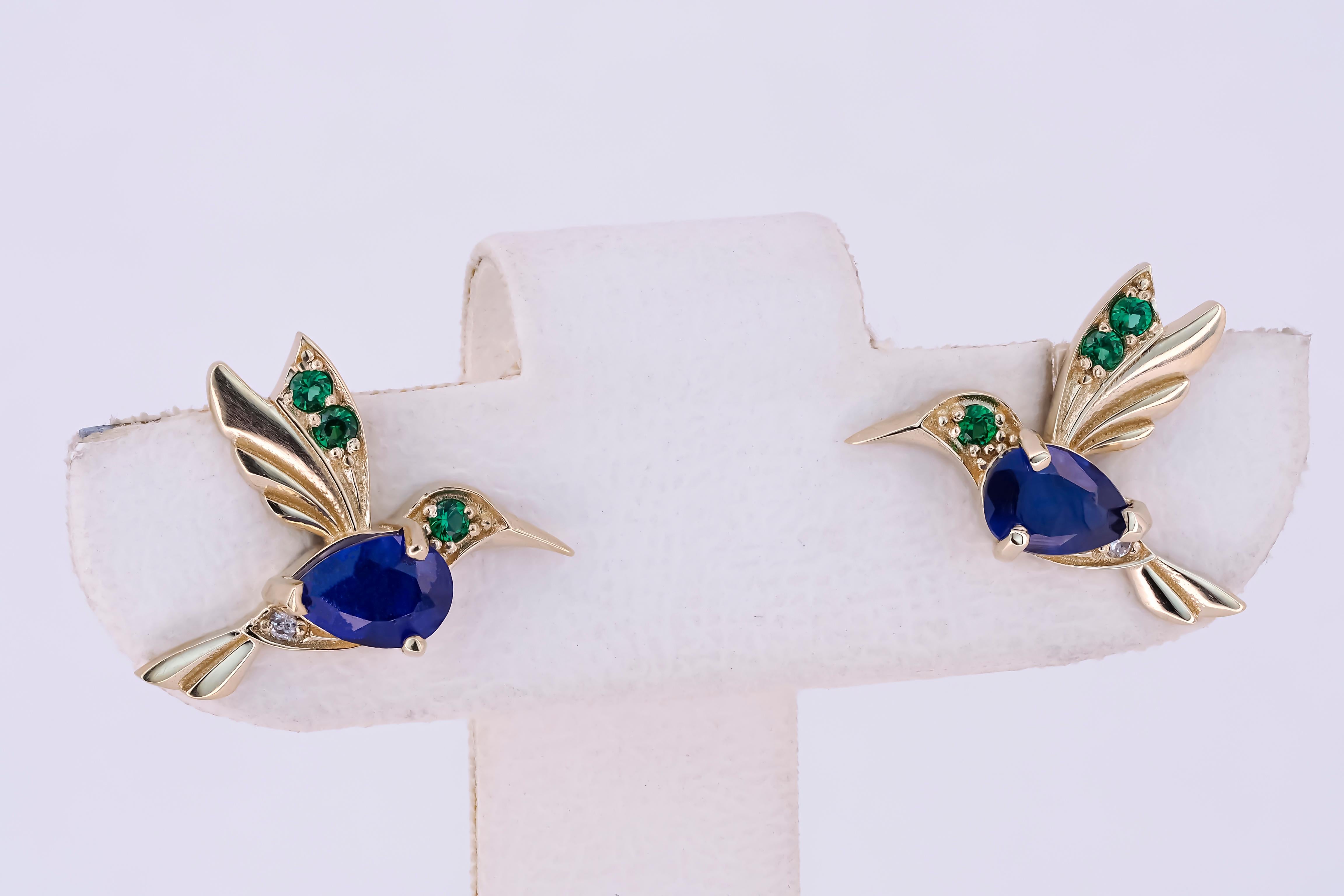Women's 14k Gold Hummingbird Earings Studs with Sapphires.  For Sale