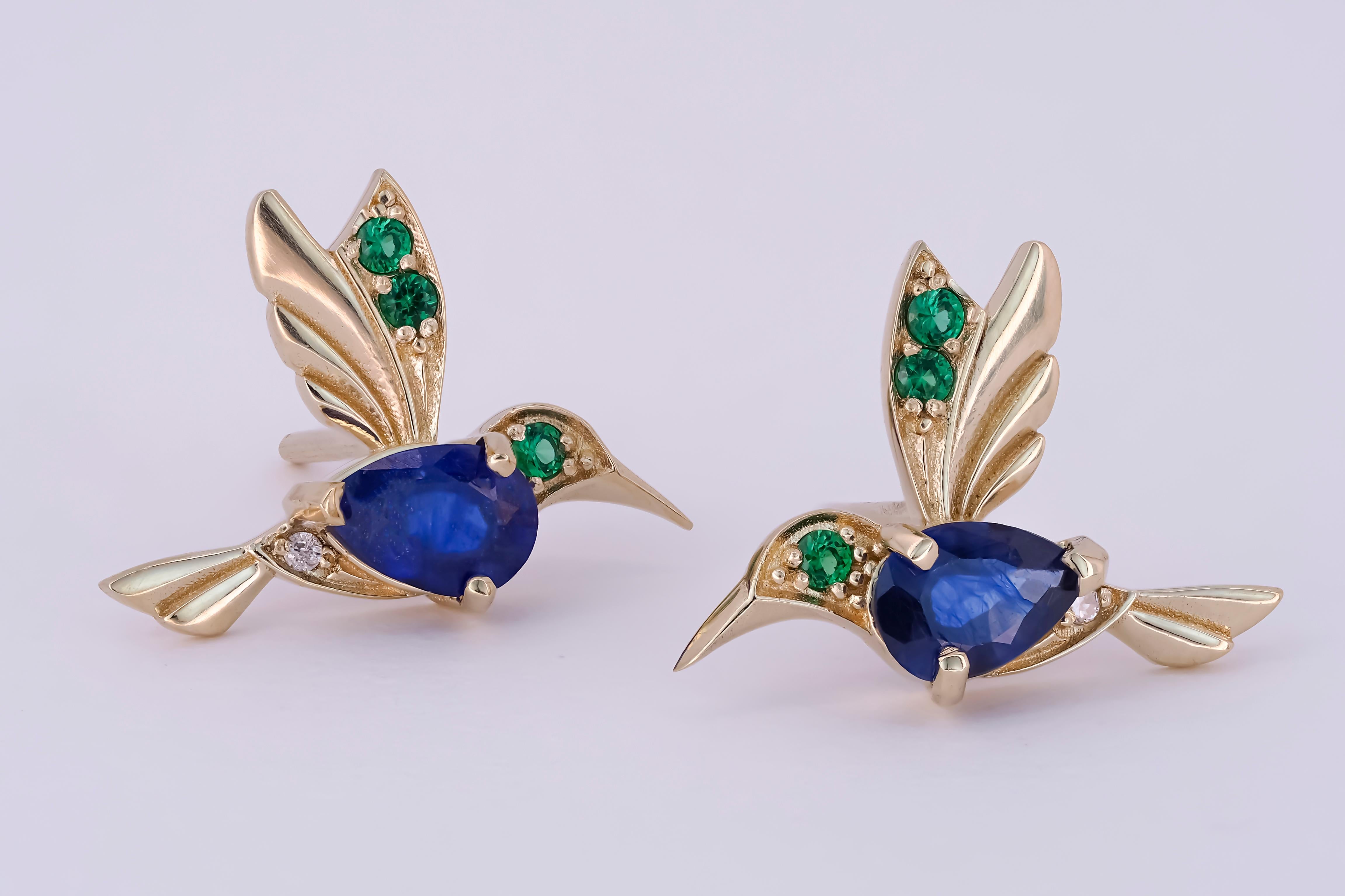 14k Gold Hummingbird Earings Studs with Sapphires.  For Sale 1