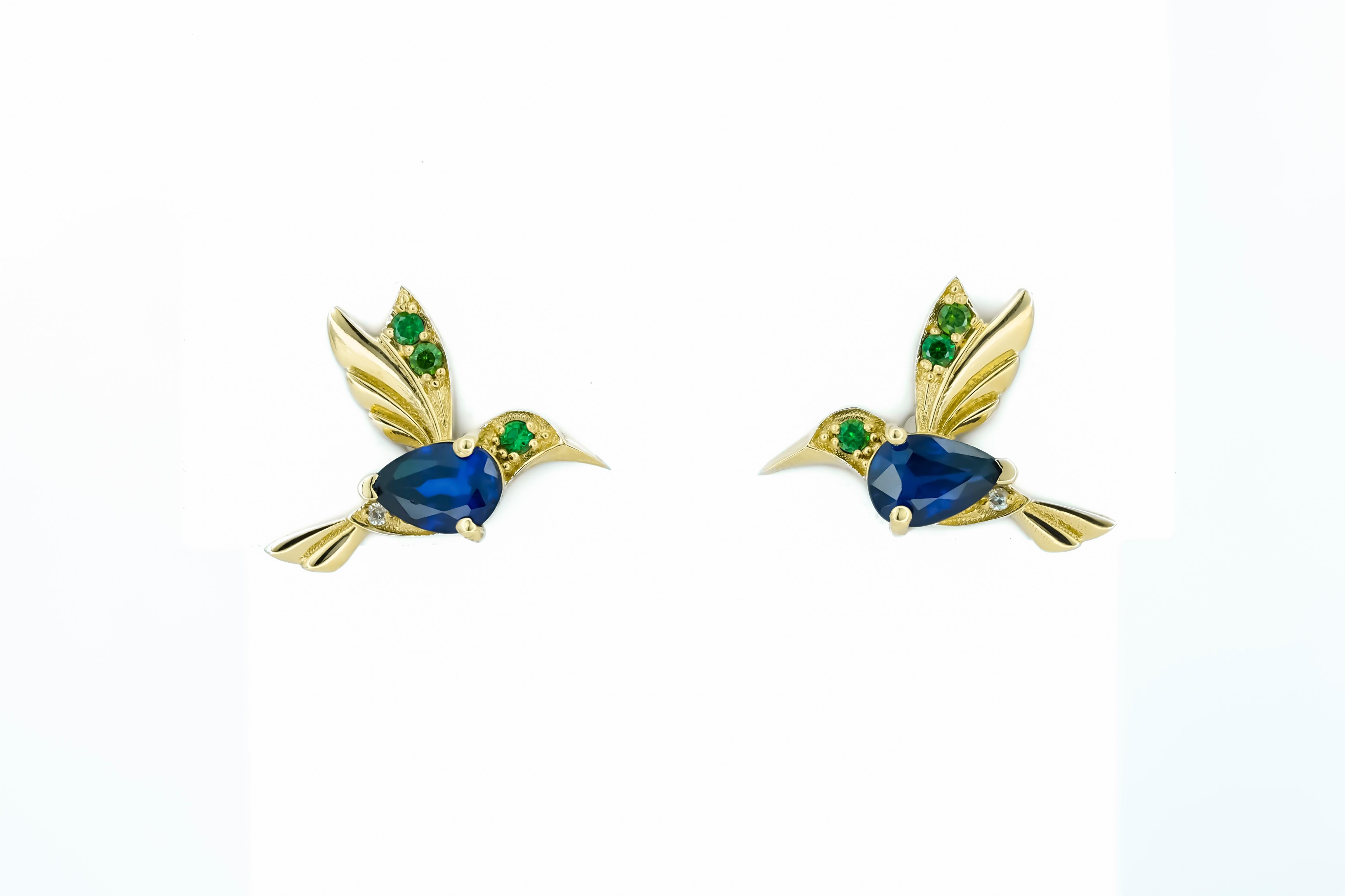 14k Gold Hummingbird Earings Studs with Sapphires.  For Sale 2
